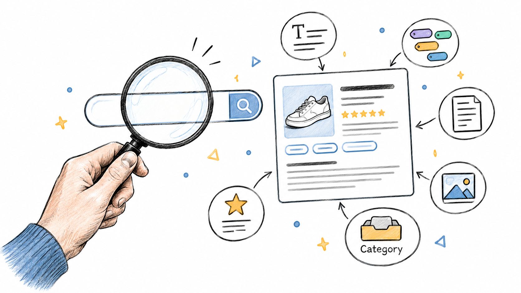 A hand holding a magnifying glass over a search bar looking at an e-commerce product listing.
