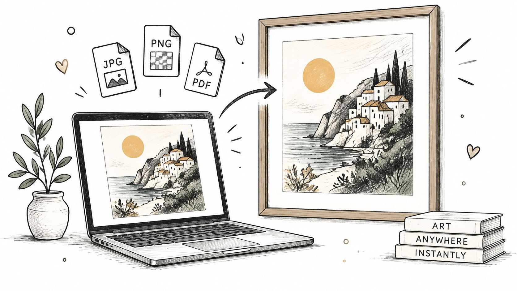 A digital illustration shows a laptop displaying art that is transferred to a framed physical print.