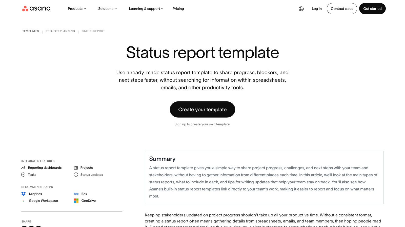 Asana Status Report Template