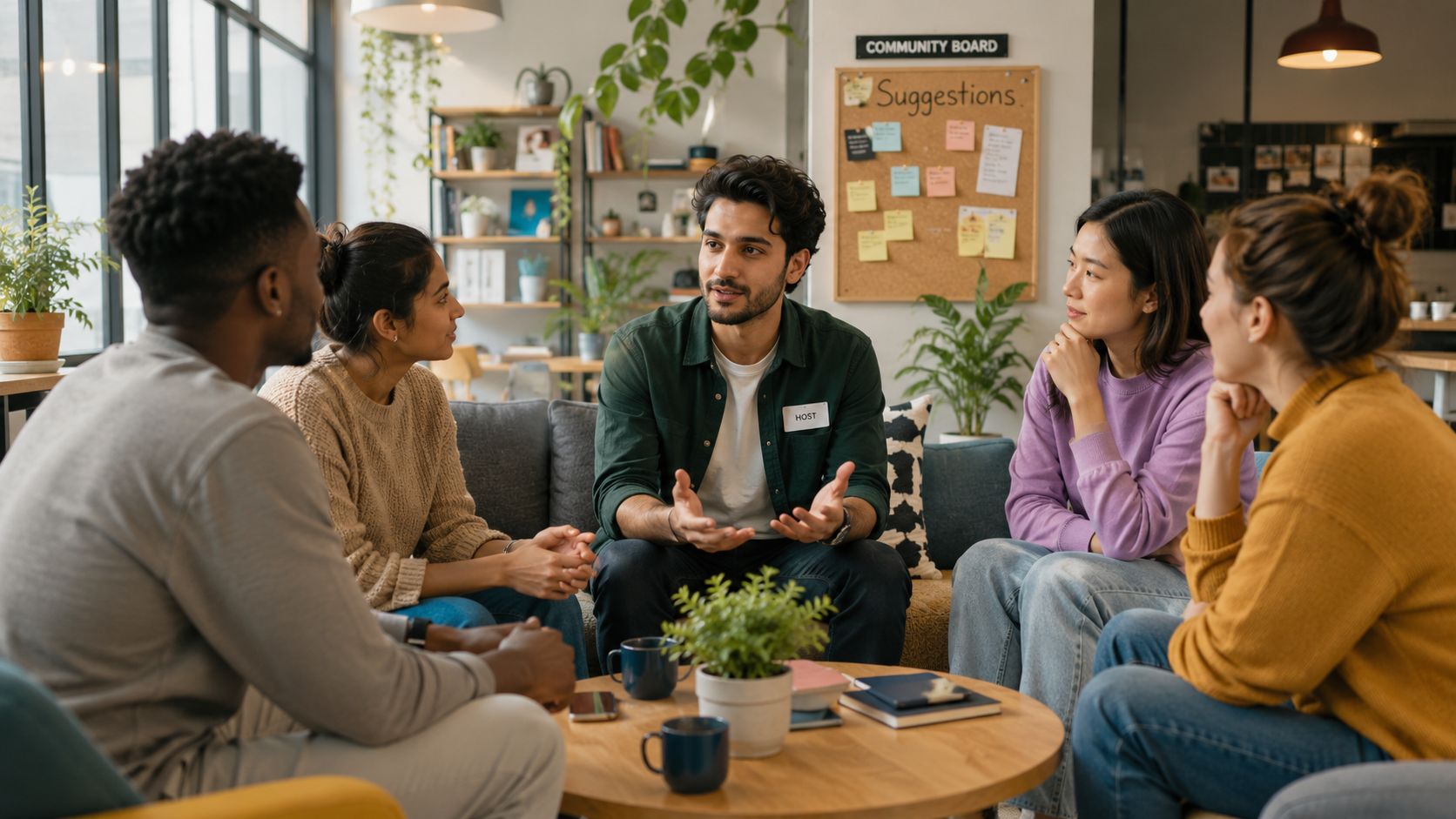 A diverse group of young adults sit in a comfortable lounge, engaging in a lively group discussion.