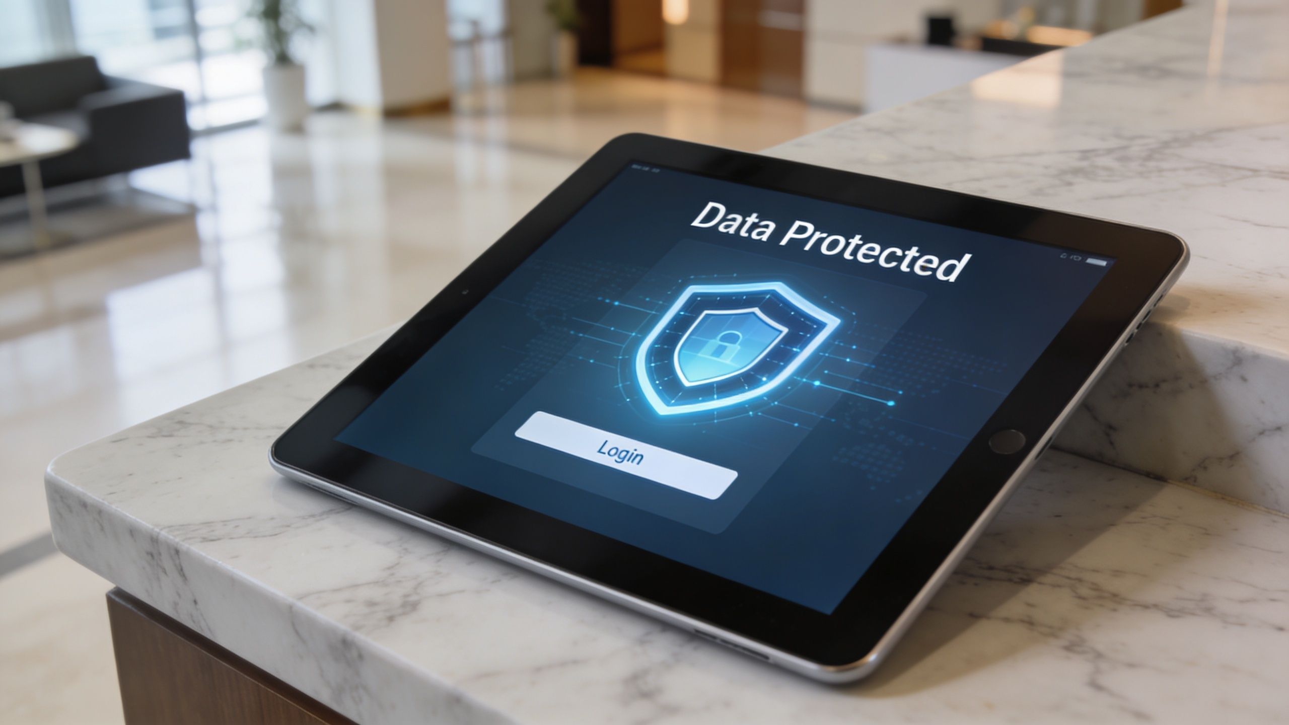 A digital tablet displaying a data protection shield icon and login button on a marble counter.