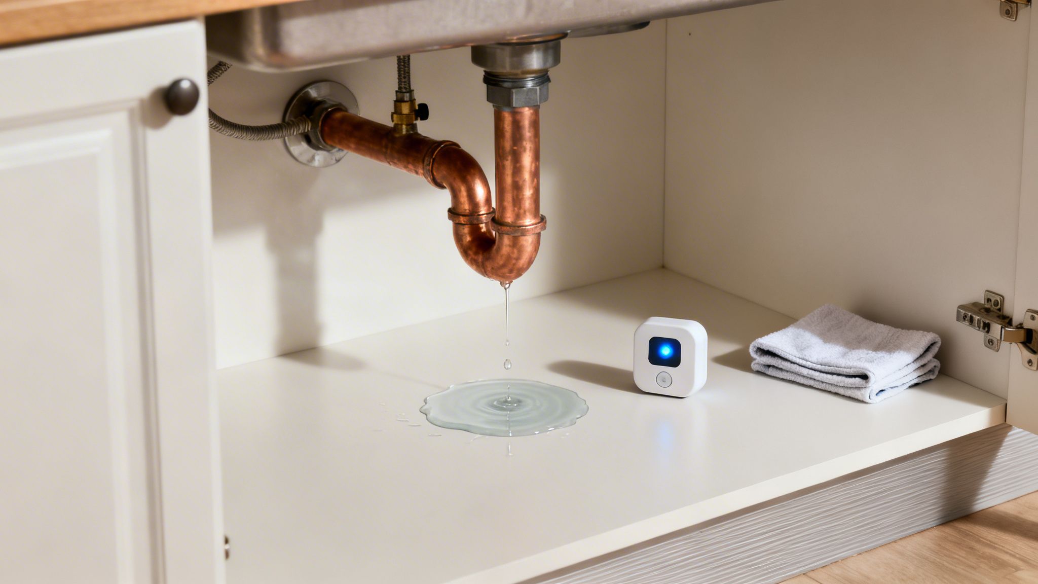 Smart water leak detector under a kitchen sink with a leaking copper pipe.