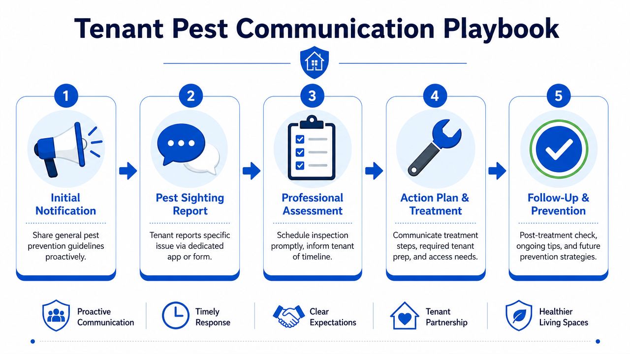 A five-step process diagram illustrating a professional tenant pest communication playbook for property management teams.