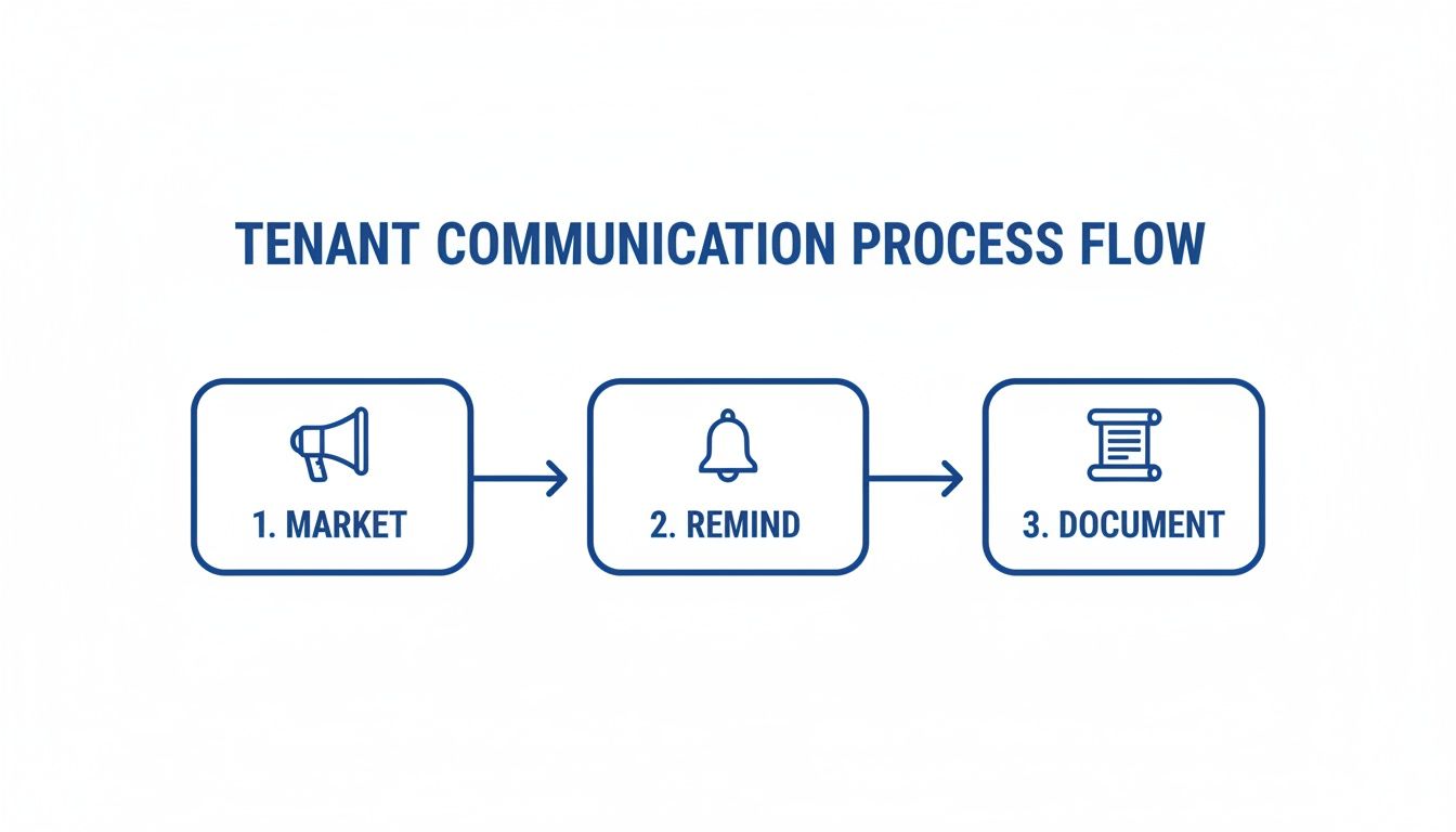 A three-step flowchart illustrating the tenant communication process: Market, Remind, and Document.