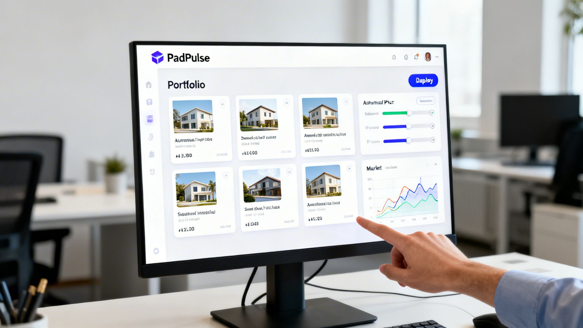 A person's hand points at a PadPulse real estate dashboard on a computer monitor in an office.