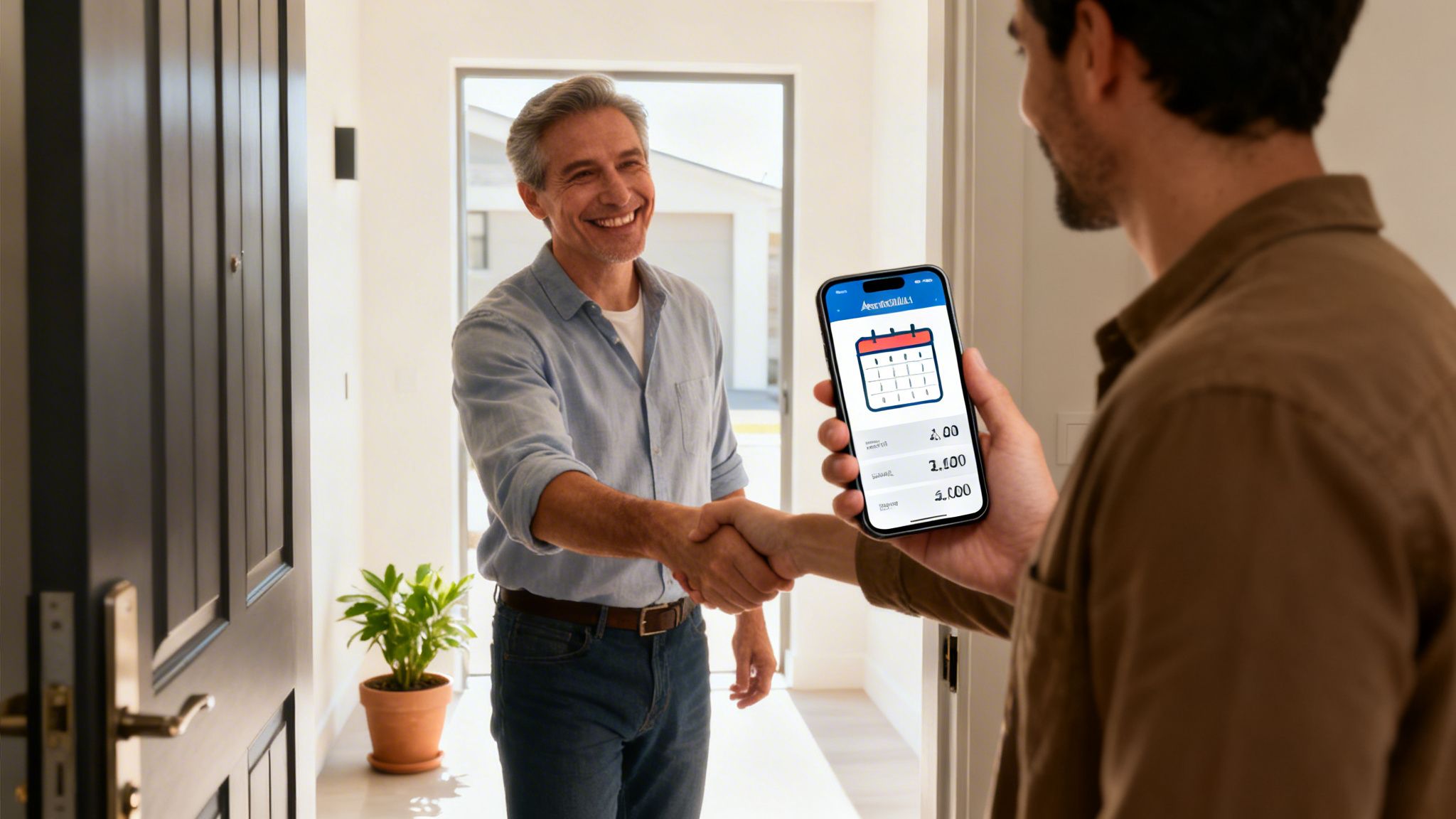 Smiling man shaking hands with another man holding a smartphone displaying a payment app.