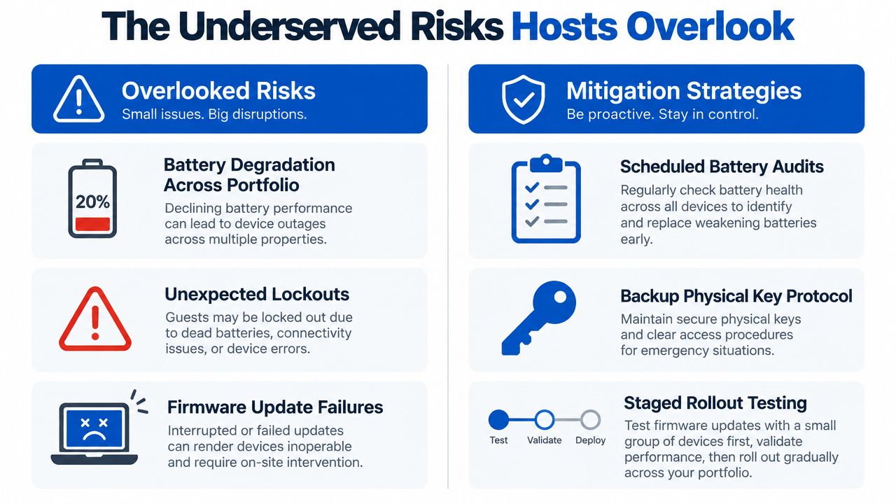 An infographic titled The Underserved Risks Hosts Overlook, detailing battery, lockout, and firmware risks and mitigation strategies.
