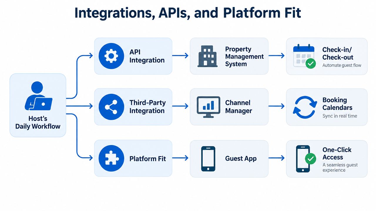 A diagram illustrating how host daily workflows integrate with property management systems, channel managers, and guest applications.