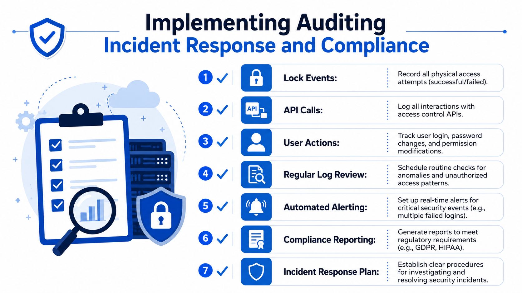 A checklist infographic illustrating seven essential steps for implementing auditing, incident response, and compliance in security systems.