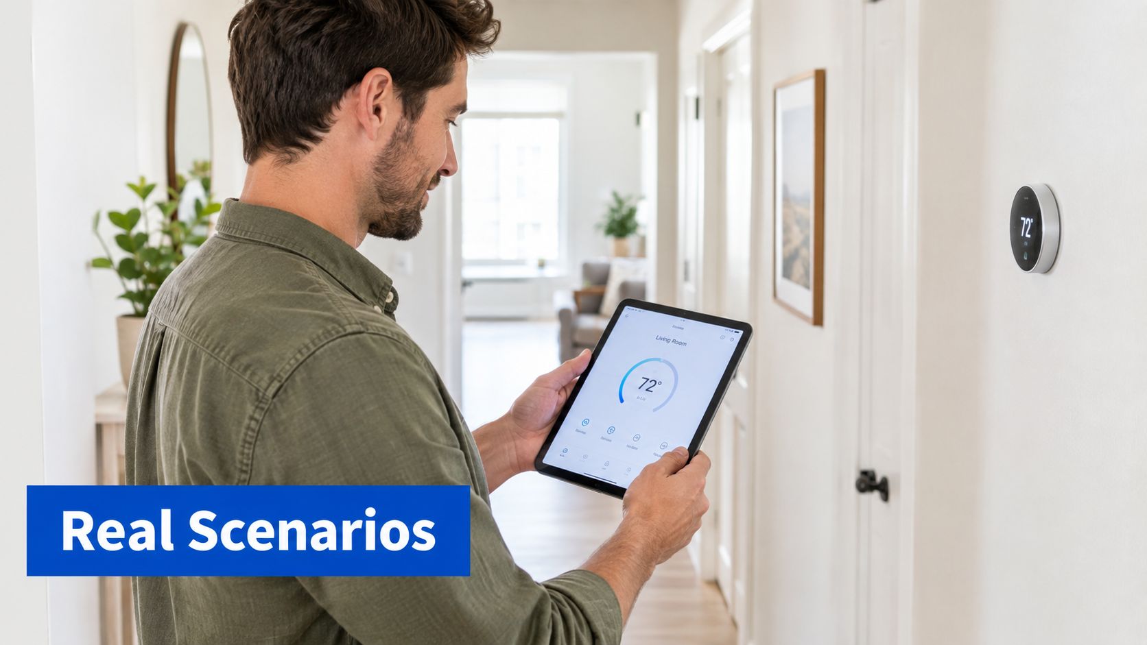 A man in a green shirt checks a smart thermostat setting on a tablet in his hallway.