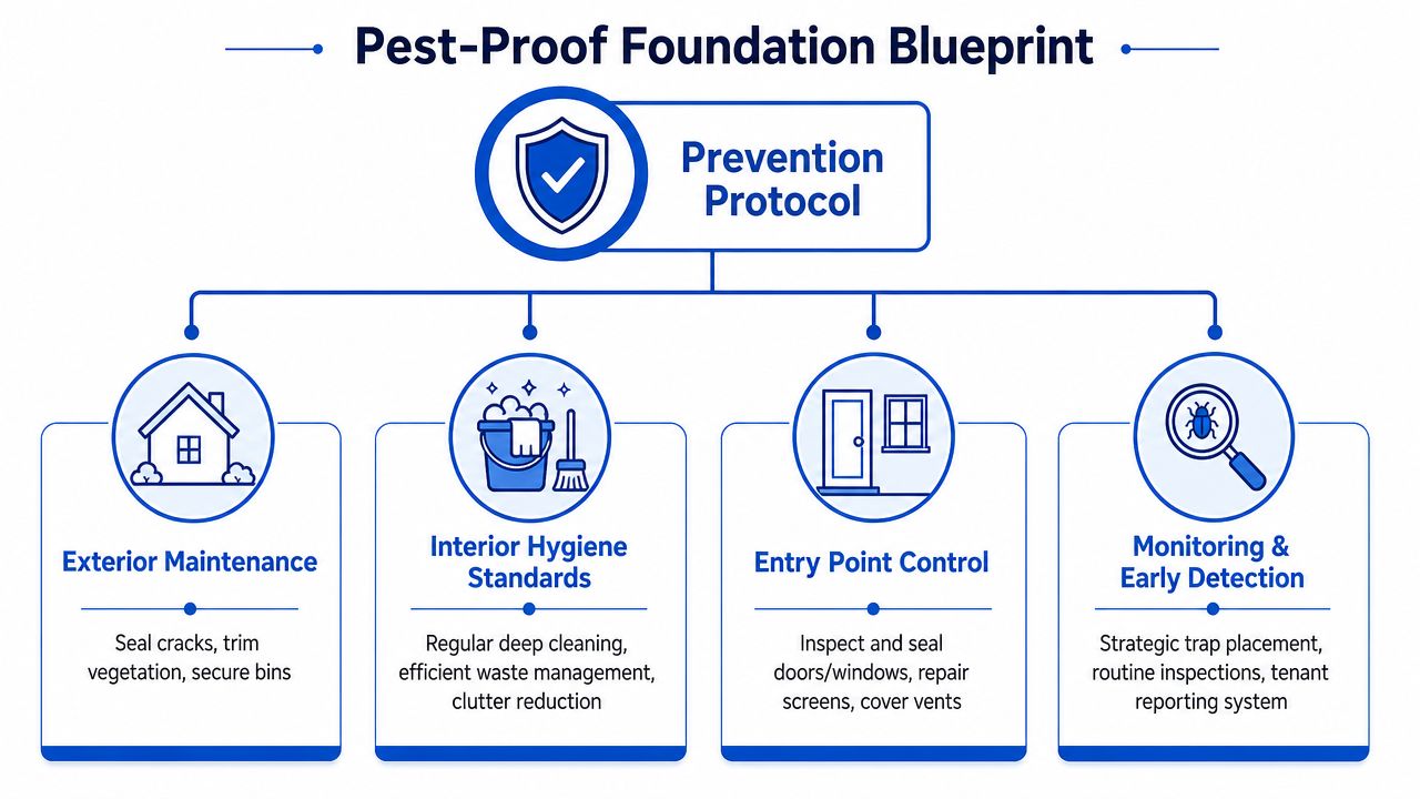 A diagram titled Pest-Proof Foundation Blueprint showing four main strategies for effective pest control management in buildings.