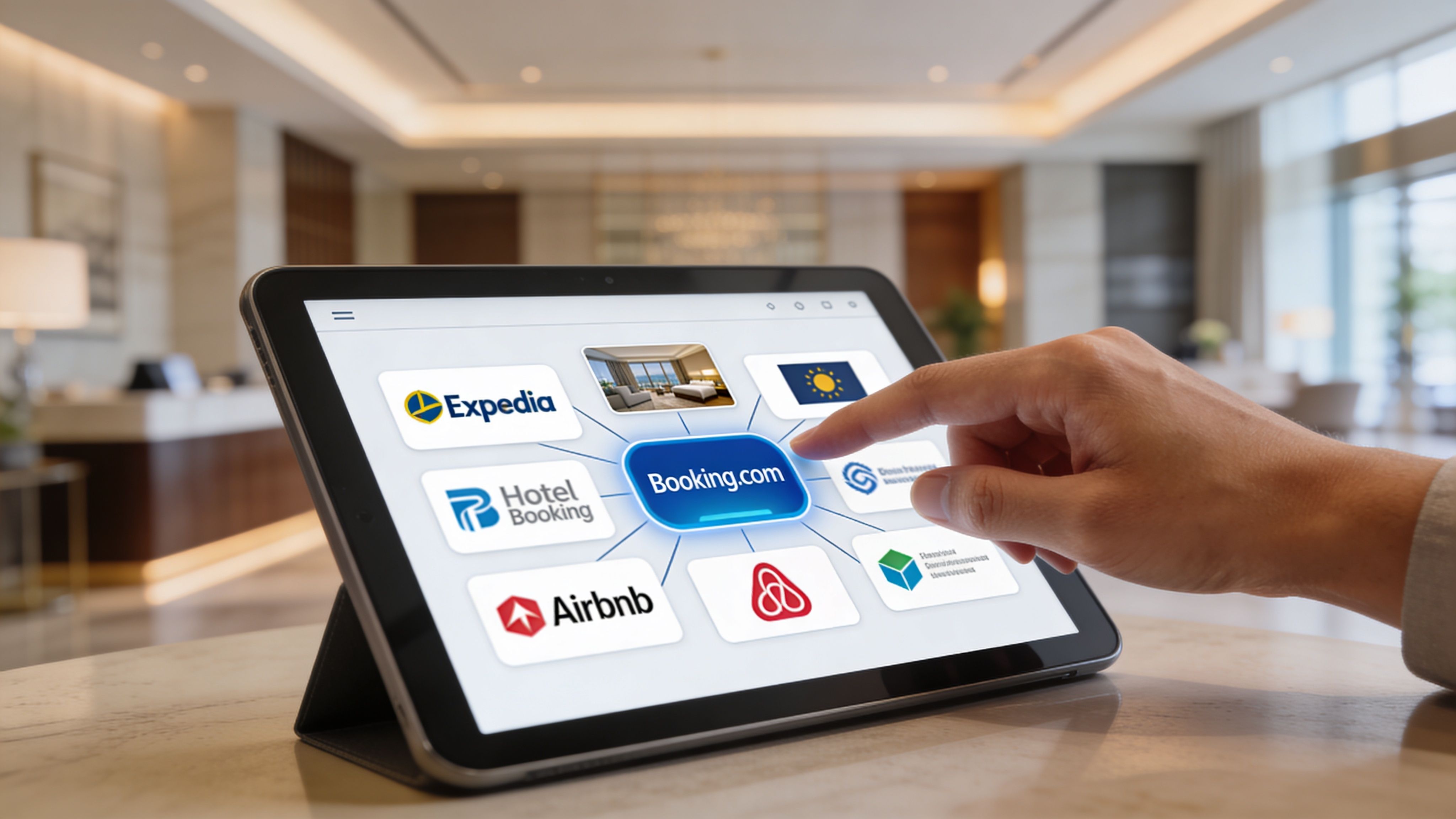 A person interacting with a tablet screen showing various travel booking platform logos connected to Booking.com.