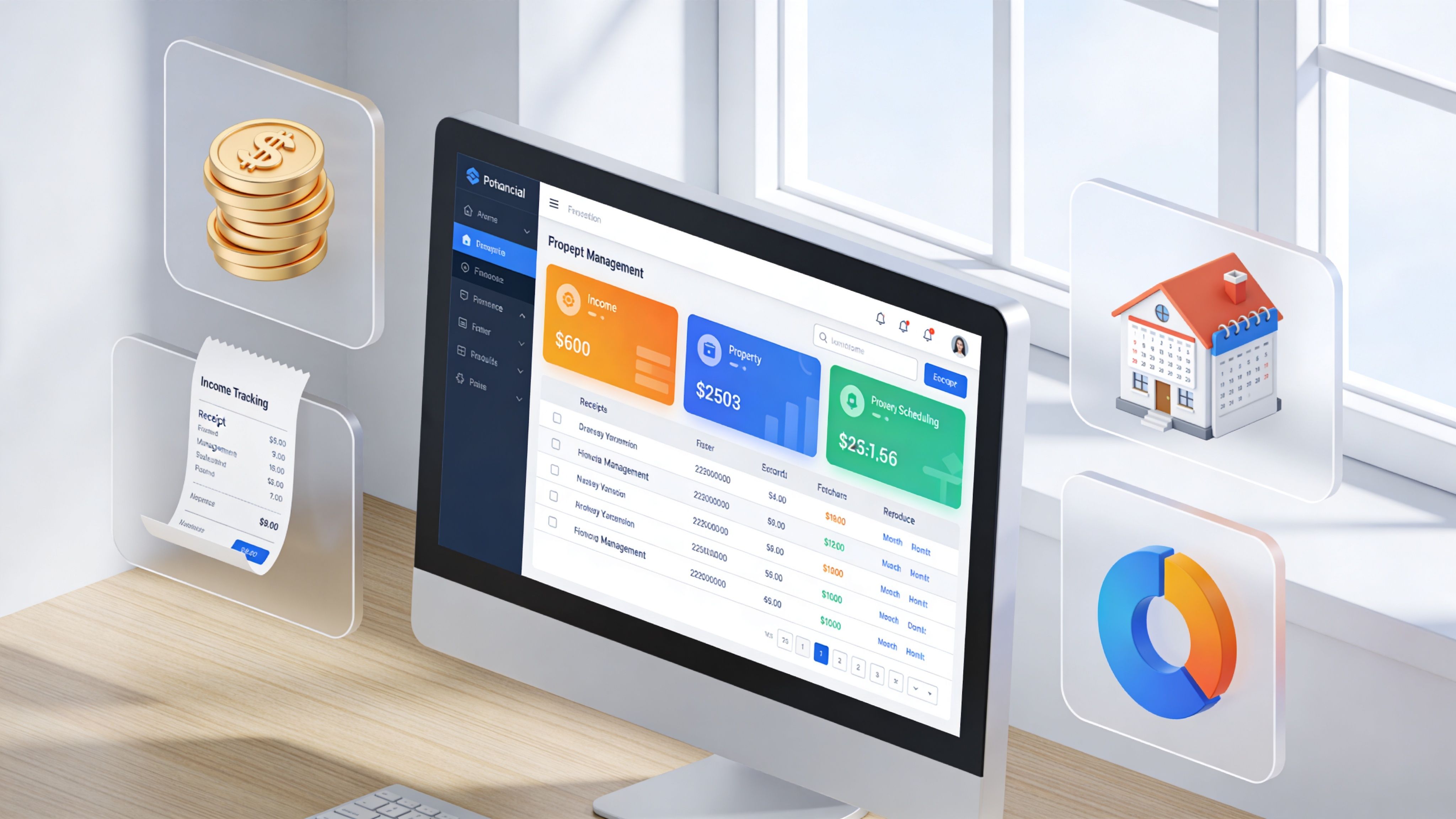 A computer monitor displaying a financial dashboard for rental property management with floating icons on a desk.