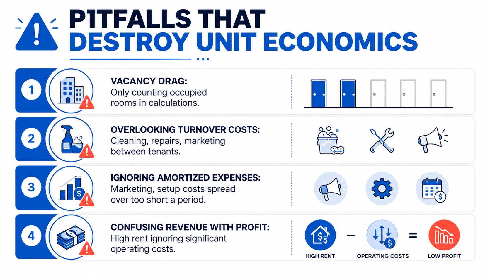 An infographic titled Pitfalls That Destroy Unit Economics illustrating four common mistakes in real estate financial calculations.
