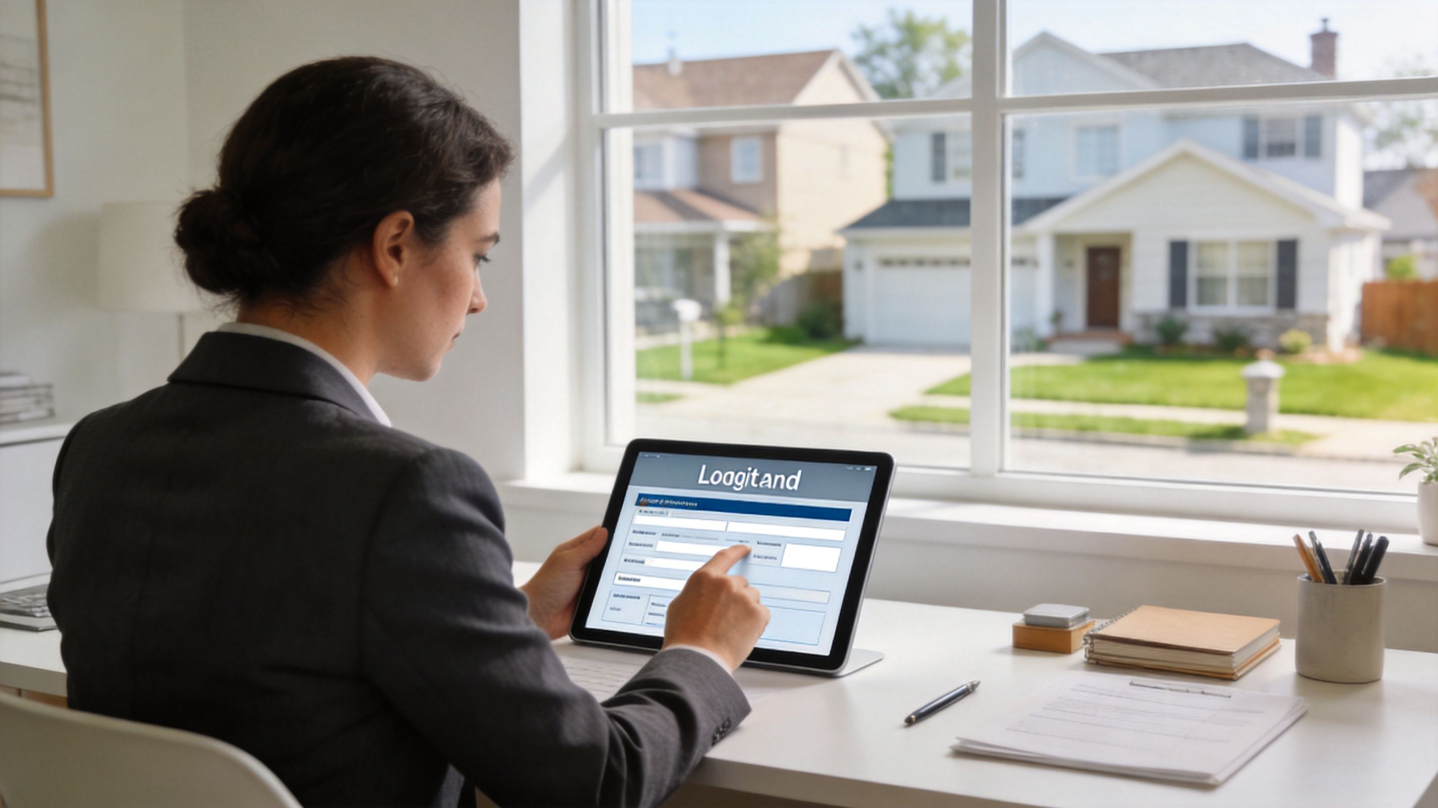 A professional woman in a suit using a tablet to perform a credit check for a rental application.