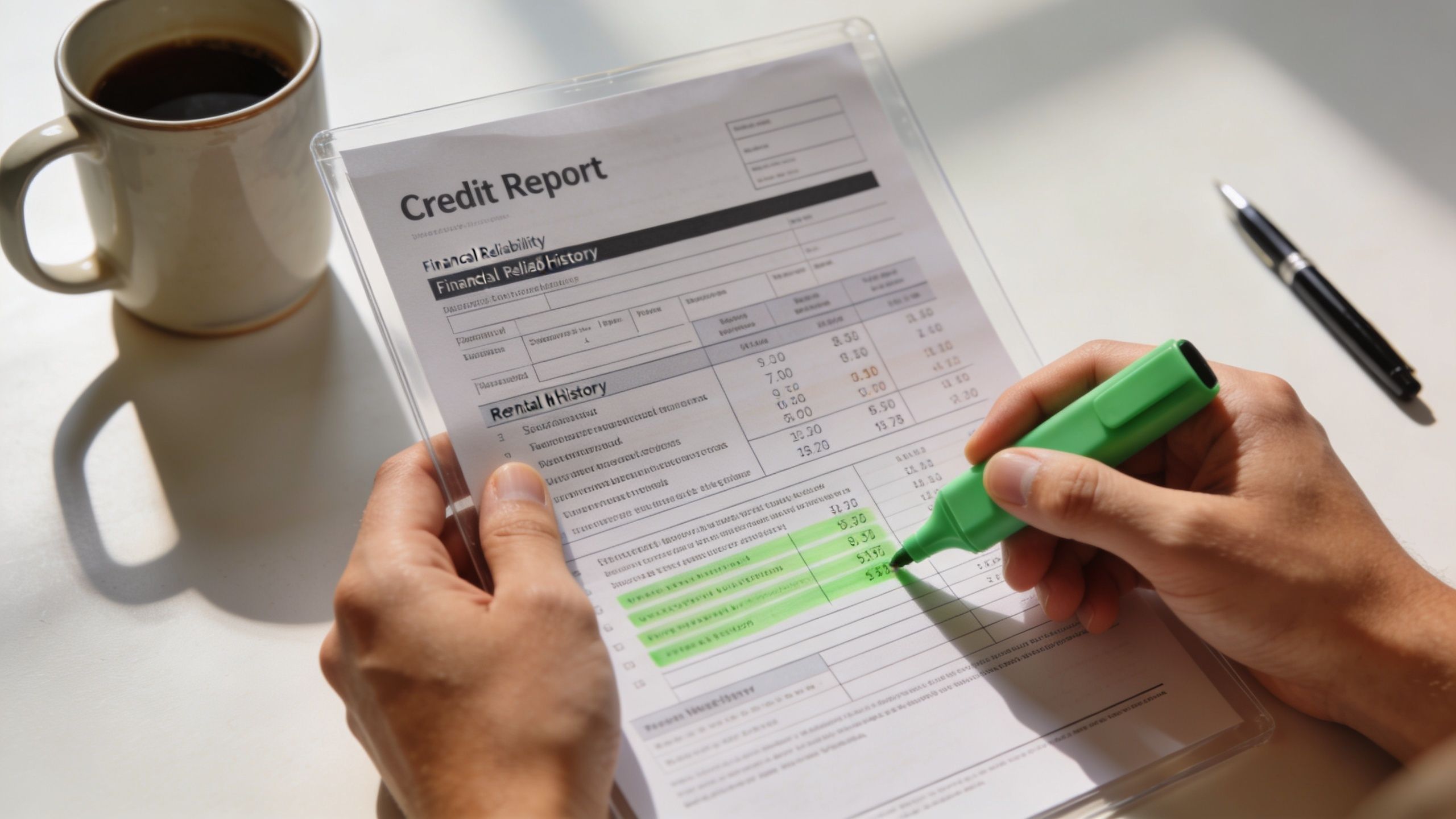 A person highlighting a section on a credit report document while holding a coffee cup nearby.