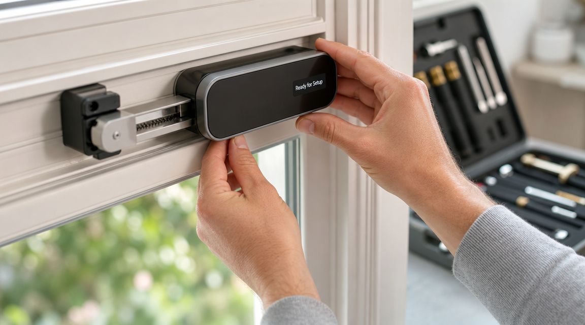 A person installing a smart motorized lock device onto a residential window frame during home automation setup.