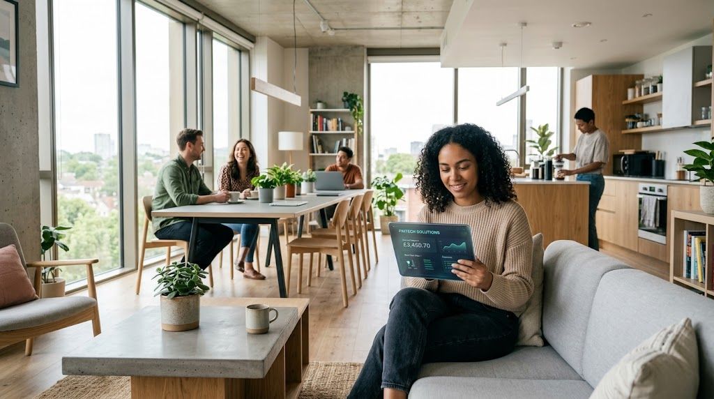 A diverse group of professionals working and collaborating in a modern, sunlit shared office apartment space.