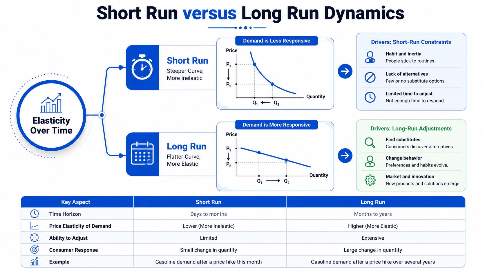 An infographic showing the difference in price elasticity of demand between short-run and long-run time horizons.