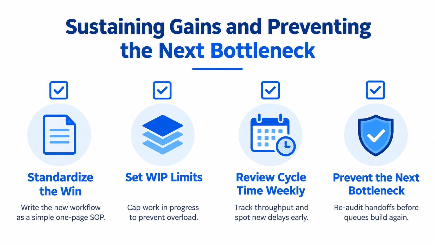 An infographic titled Sustaining Gains and Preventing the Next Bottleneck, illustrating four steps for process improvement.