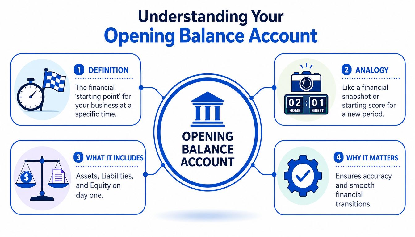 An infographic titled Understanding Your Opening Balance Account, explaining its definition, analogy, contents, and financial importance.