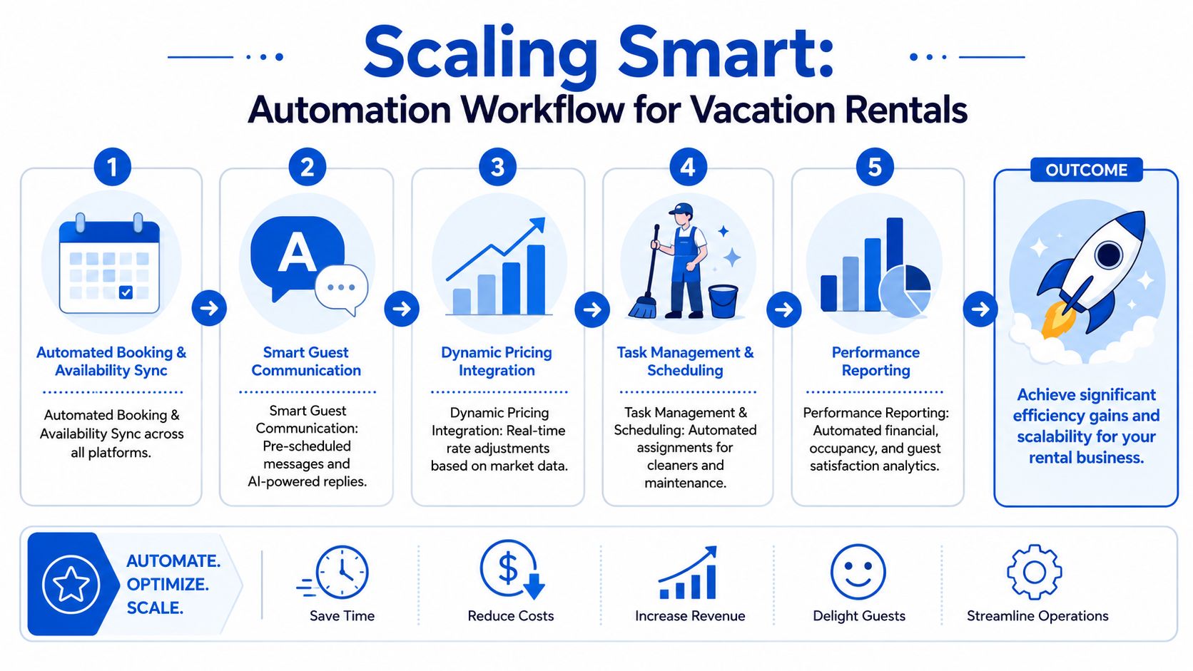 An infographic detailing a five-step automation workflow for managing vacation rental properties efficiently and profitably.