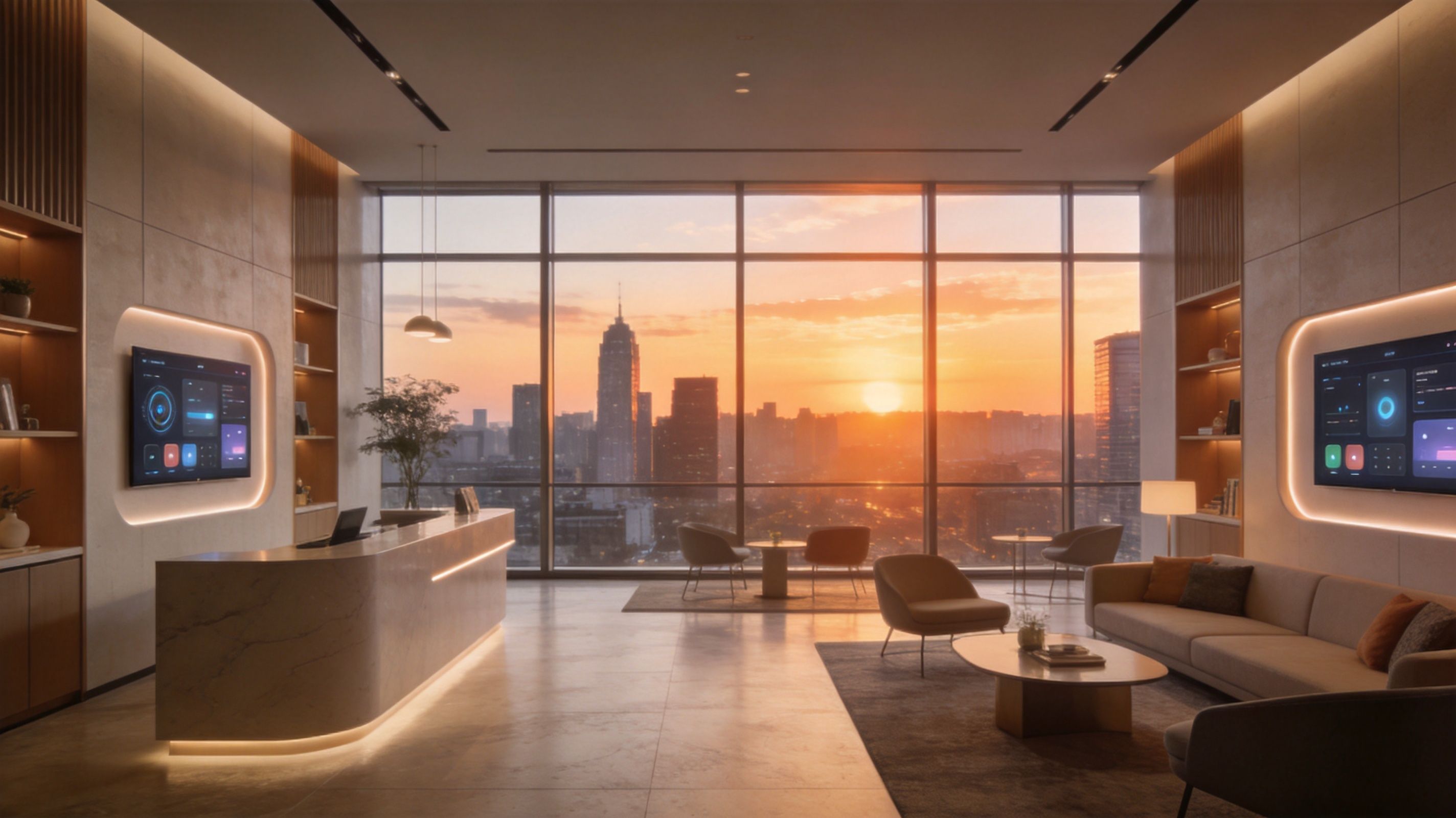 A modern, luxury corporate lobby with large windows, a city skyline view at sunset, and smart technology panels.