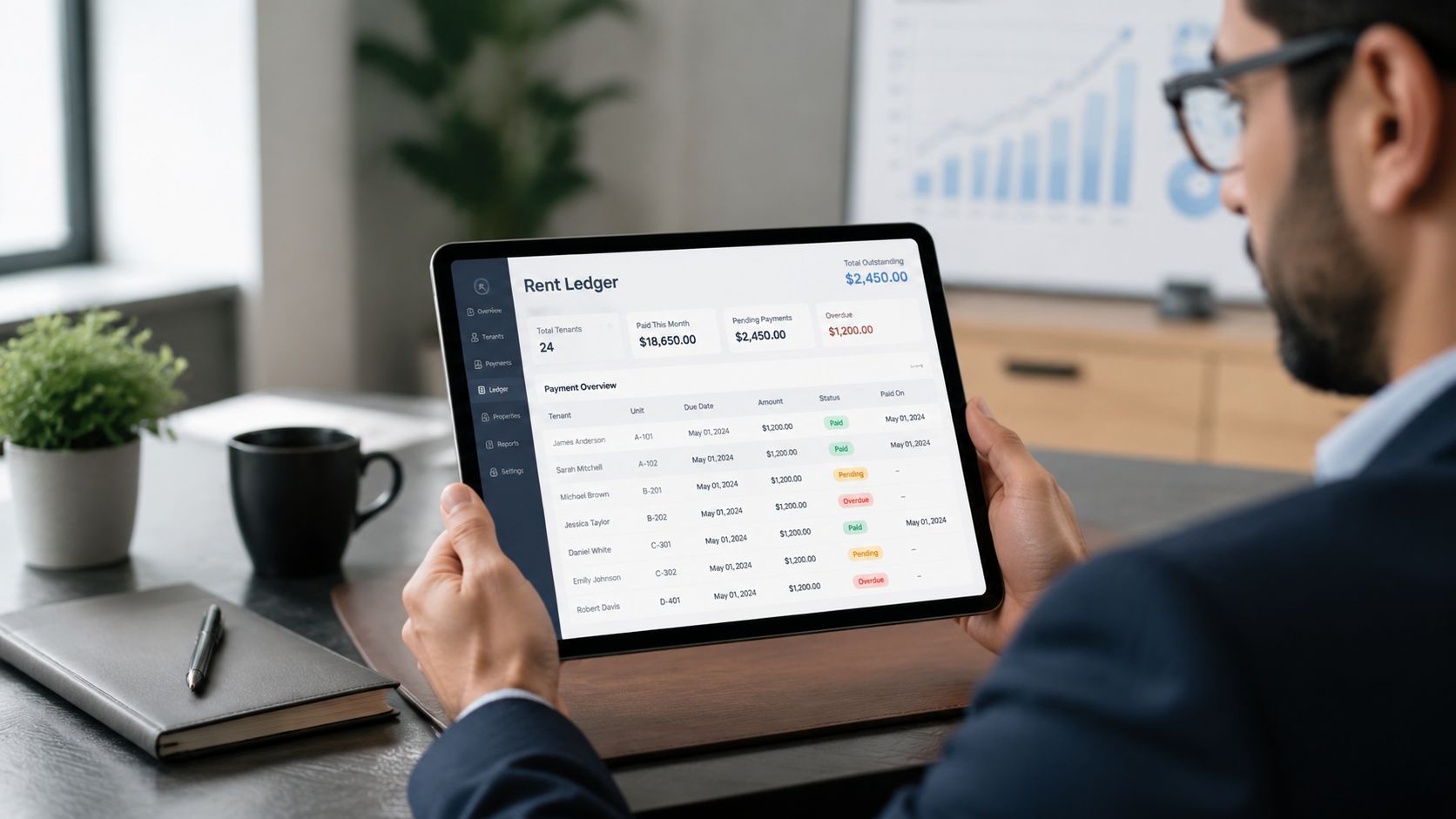 A professional man reviewing a digital rent ledger dashboard on a tablet in his office.