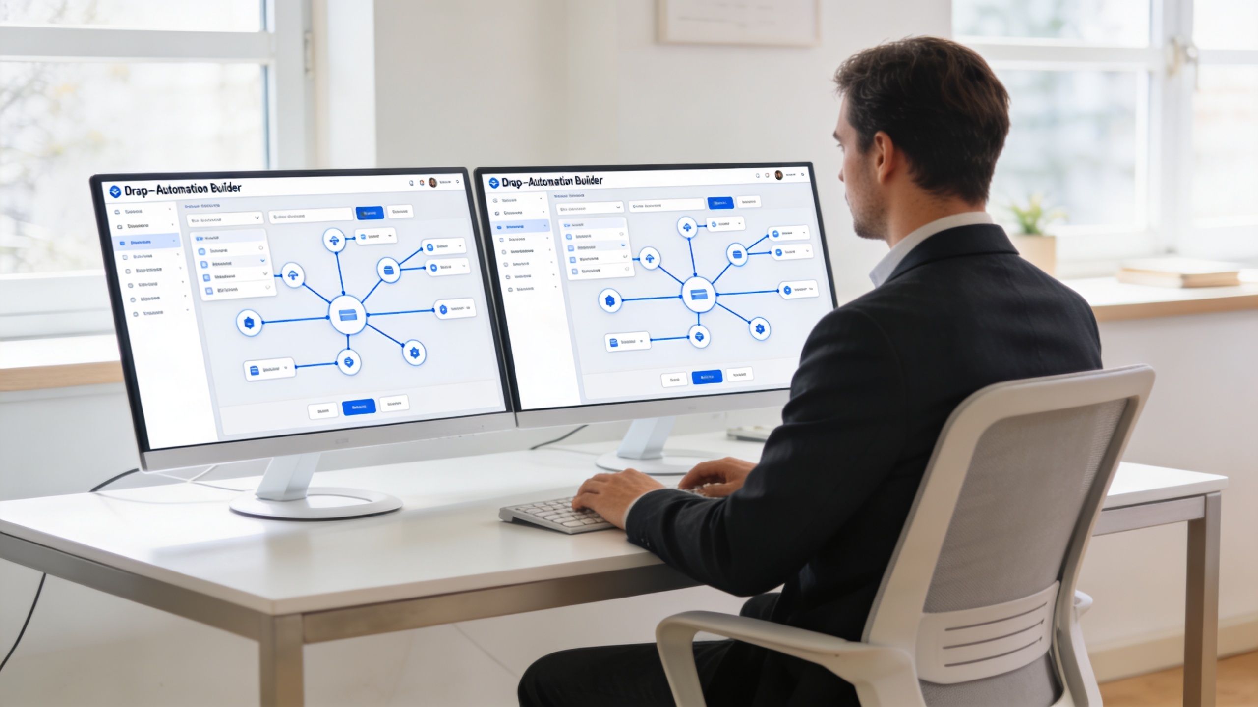 A professional man in a suit working on a document automation workflow on dual computer monitors.