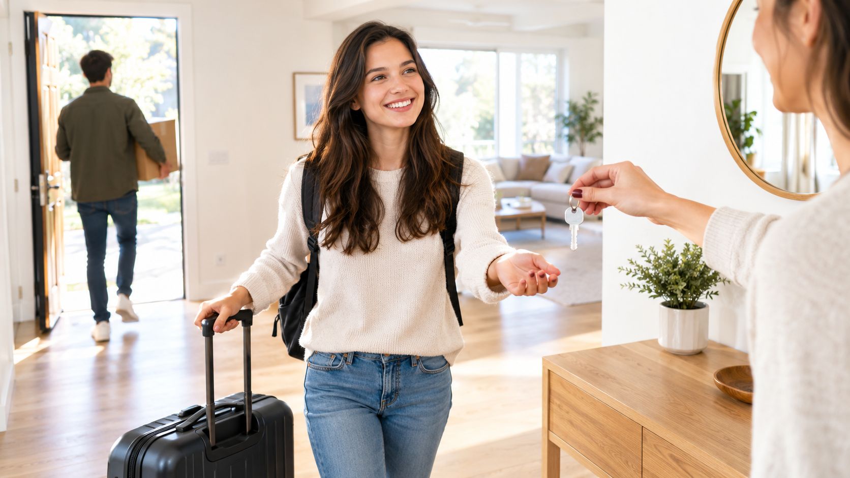 A young woman smiling while receiving house keys from a host after arriving with her luggage.