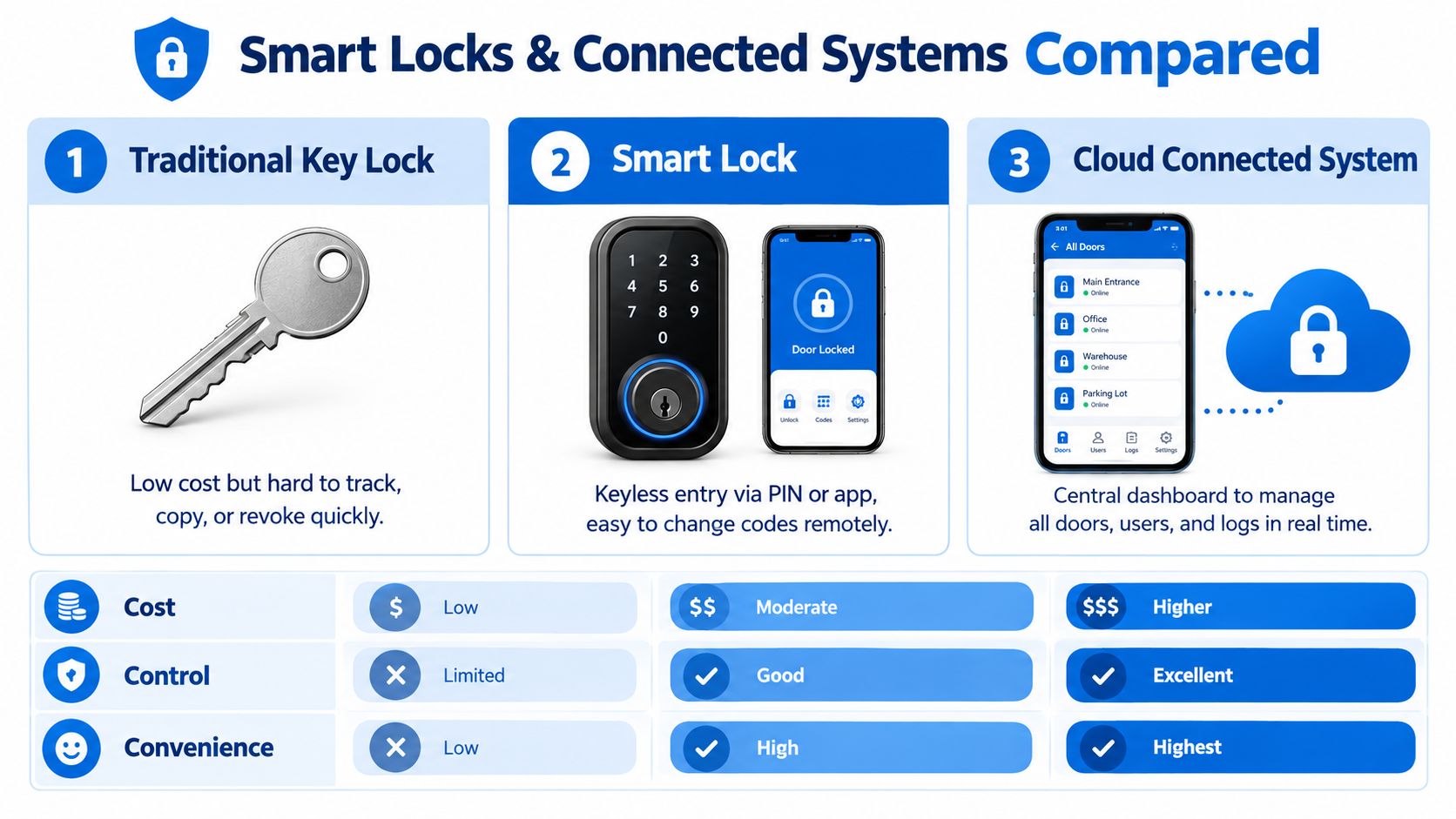 A comparison chart showing traditional key locks, smart locks, and cloud-connected systems by cost, control, and convenience.