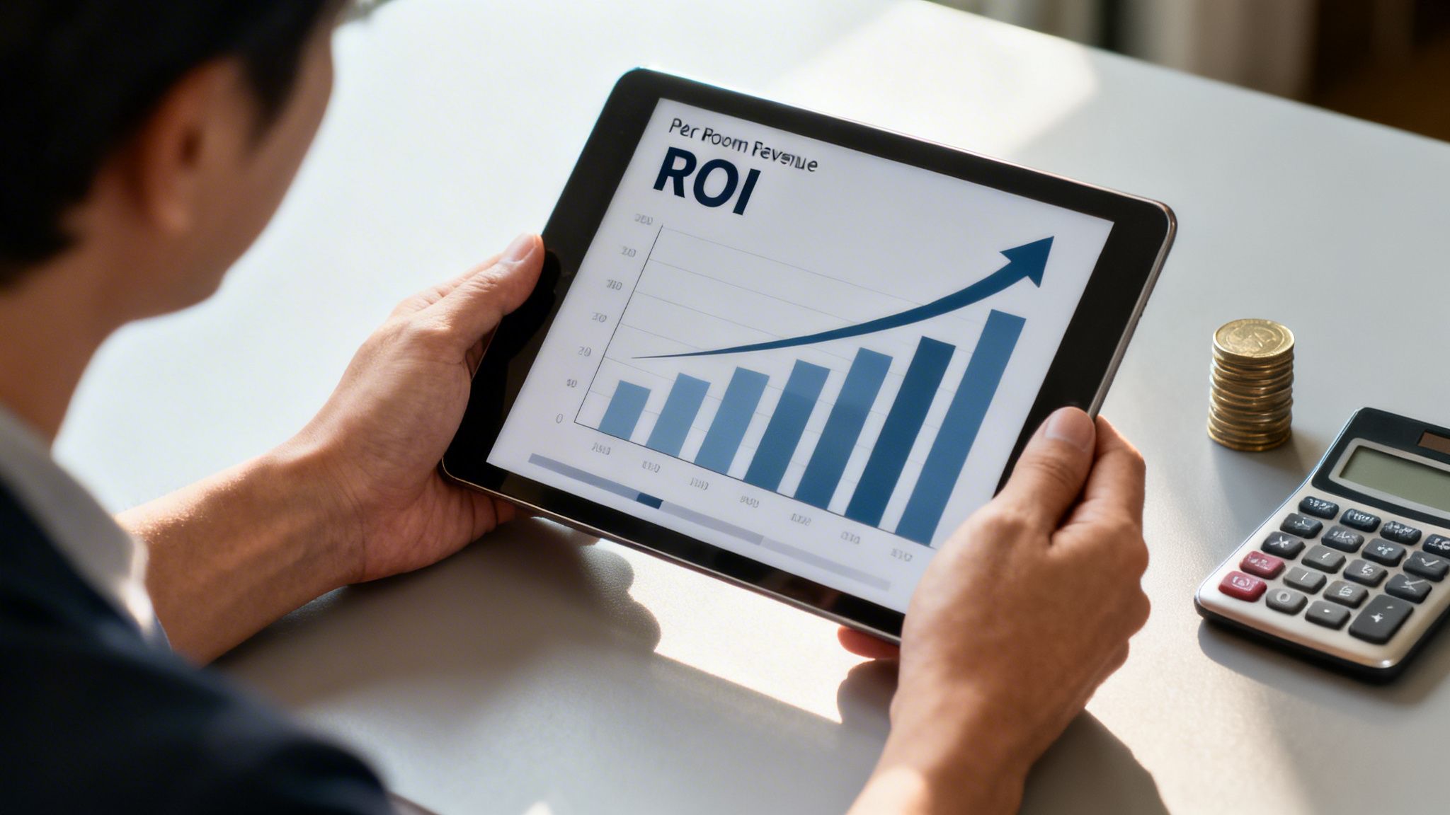 Person holding a tablet displaying a rising ROI graph, with coins and a calculator.