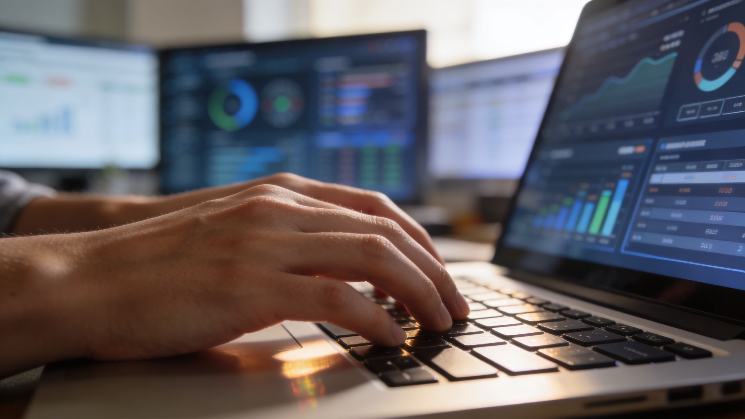 A professional working on a laptop with data analytics dashboards displayed on multiple monitors in the background.