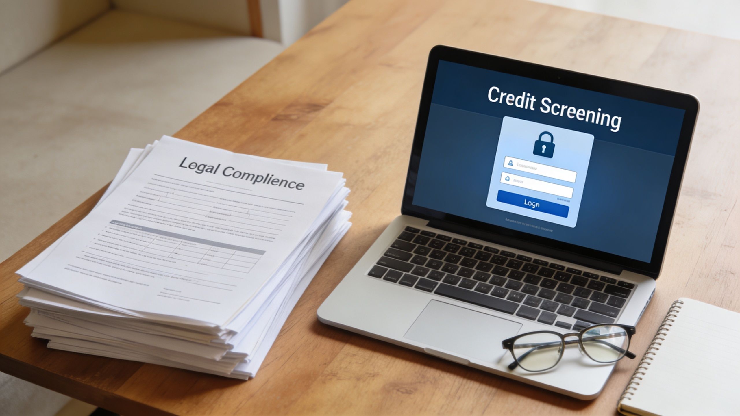 A laptop showing a credit screening login page next to a stack of legal compliance documents.