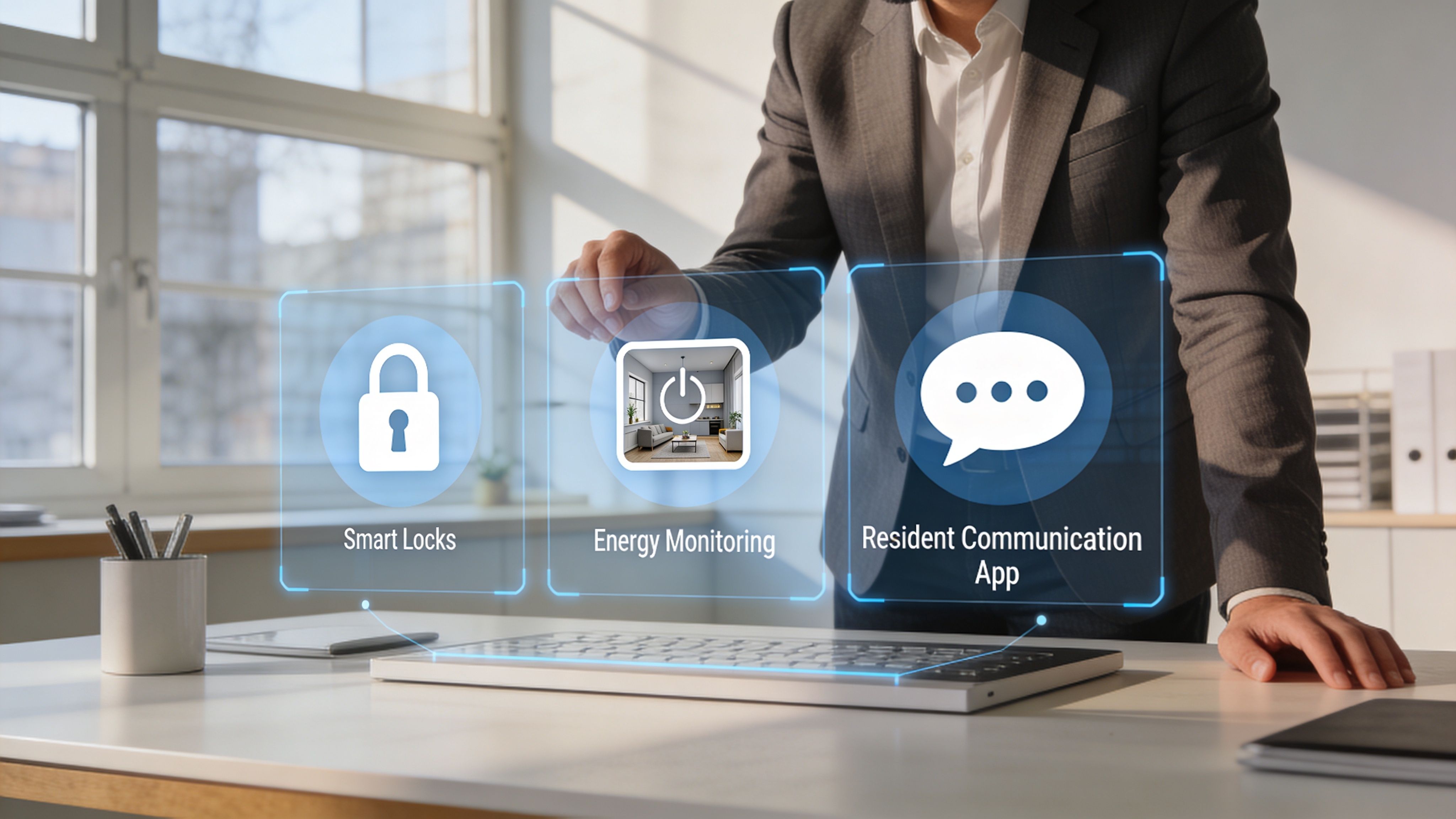 A professional in a suit interacting with digital icons for smart locks, energy monitoring, and resident communication.