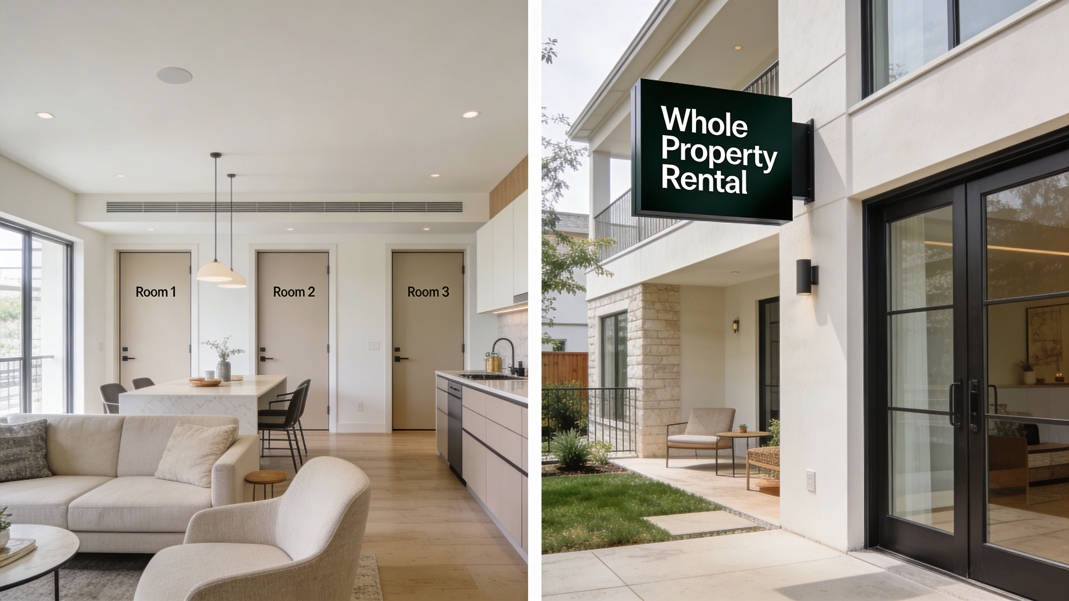 Interior of a modern luxury living room and exterior view of a property rental building exterior.