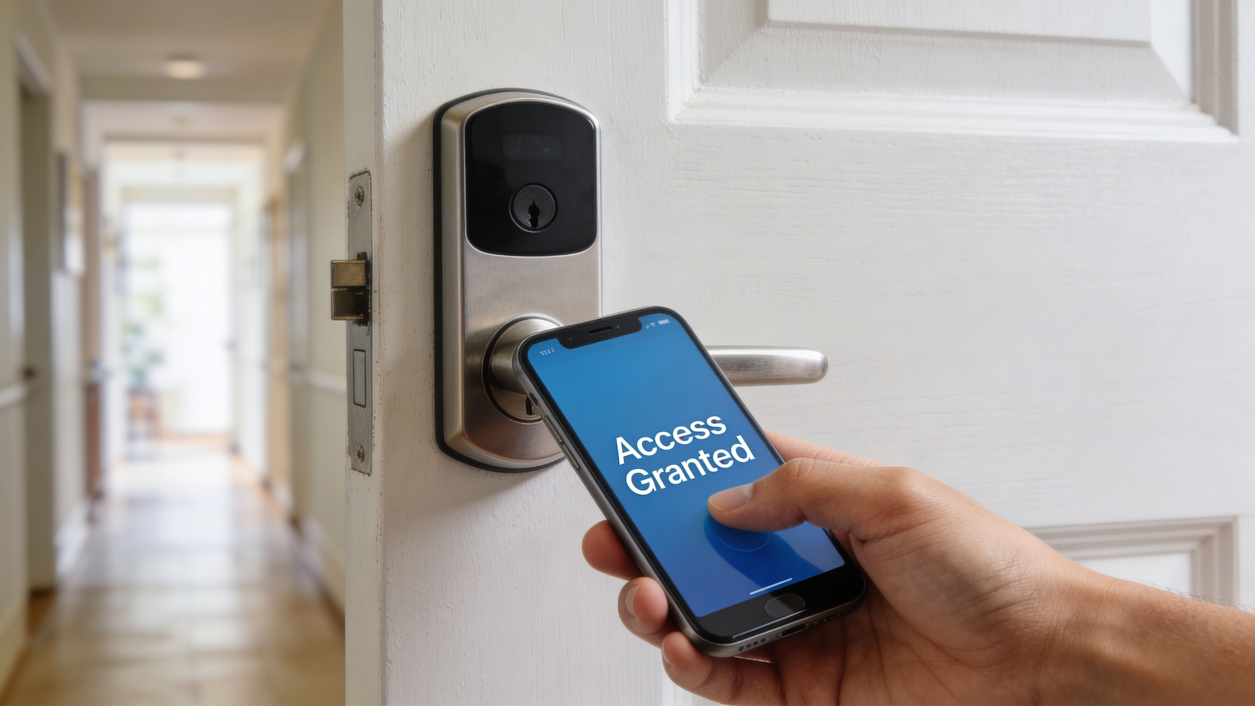 A person uses their smartphone to unlock a smart electronic lock on a white apartment door.