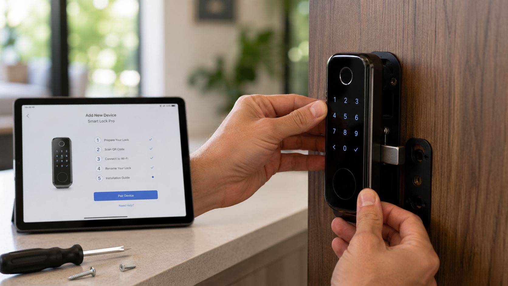 A person installing a black smart lock onto a wooden door while following digital instructions on a tablet.