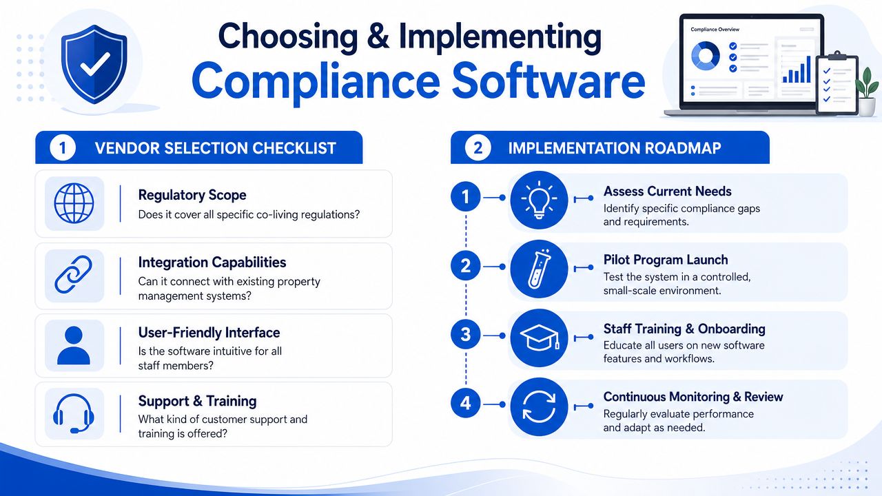 An infographic titled Choosing and Implementing Compliance Software, outlining a vendor selection checklist and implementation roadmap.