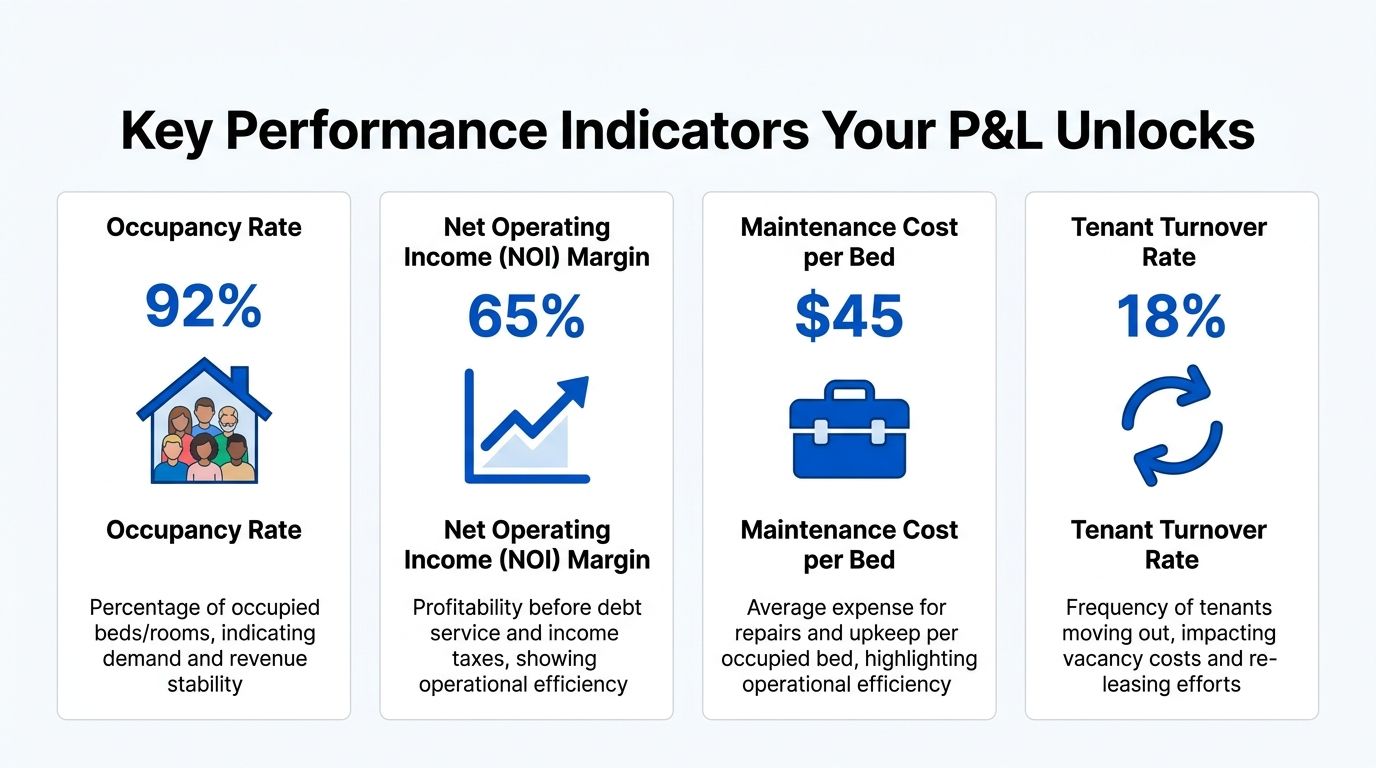 A graphic displaying four key performance indicators for rental property P&L: occupancy, NOI margin, maintenance costs, and turnover.