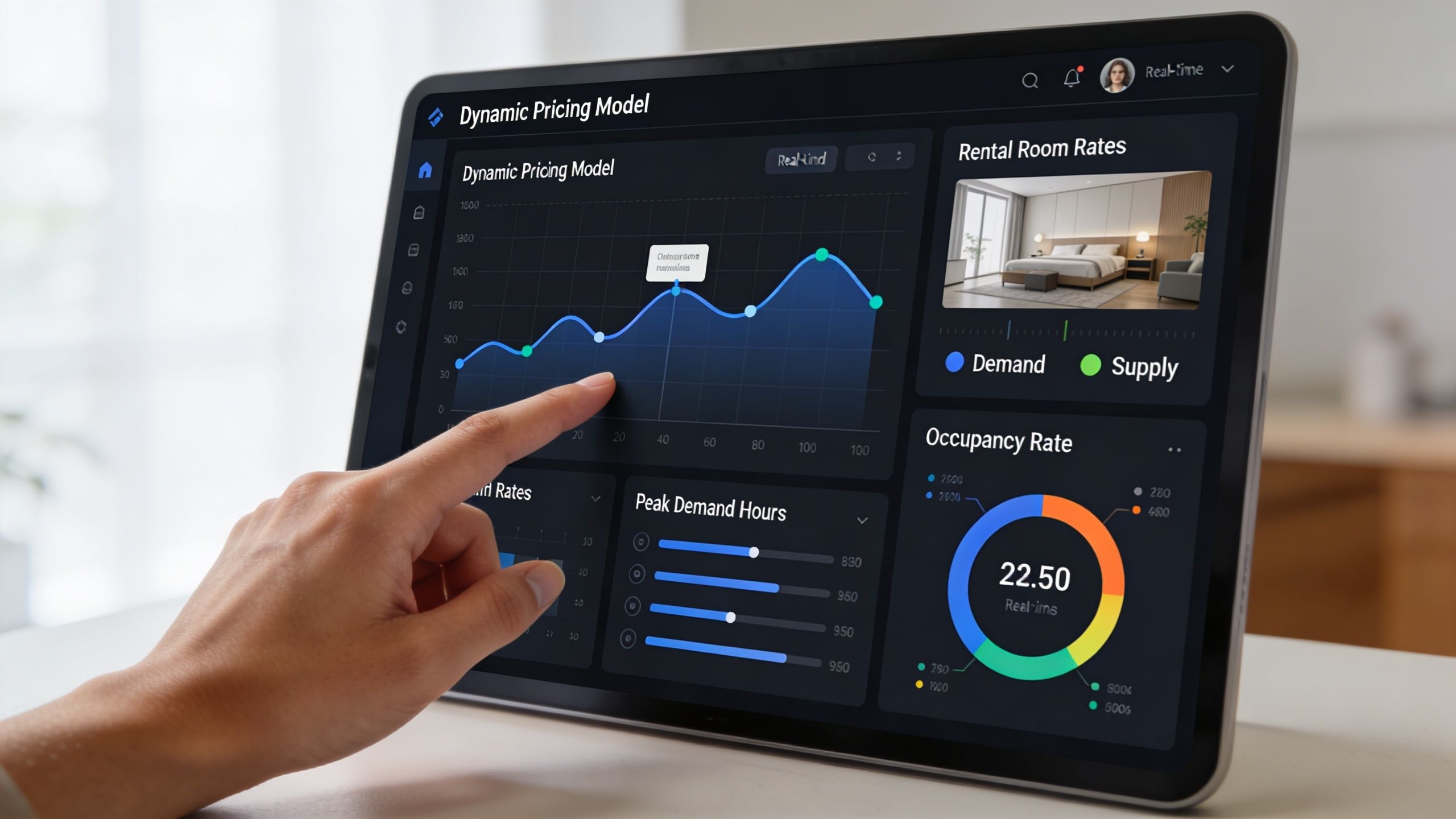 A hand touching a tablet screen displaying a sophisticated dynamic pricing model dashboard for hotel rooms.