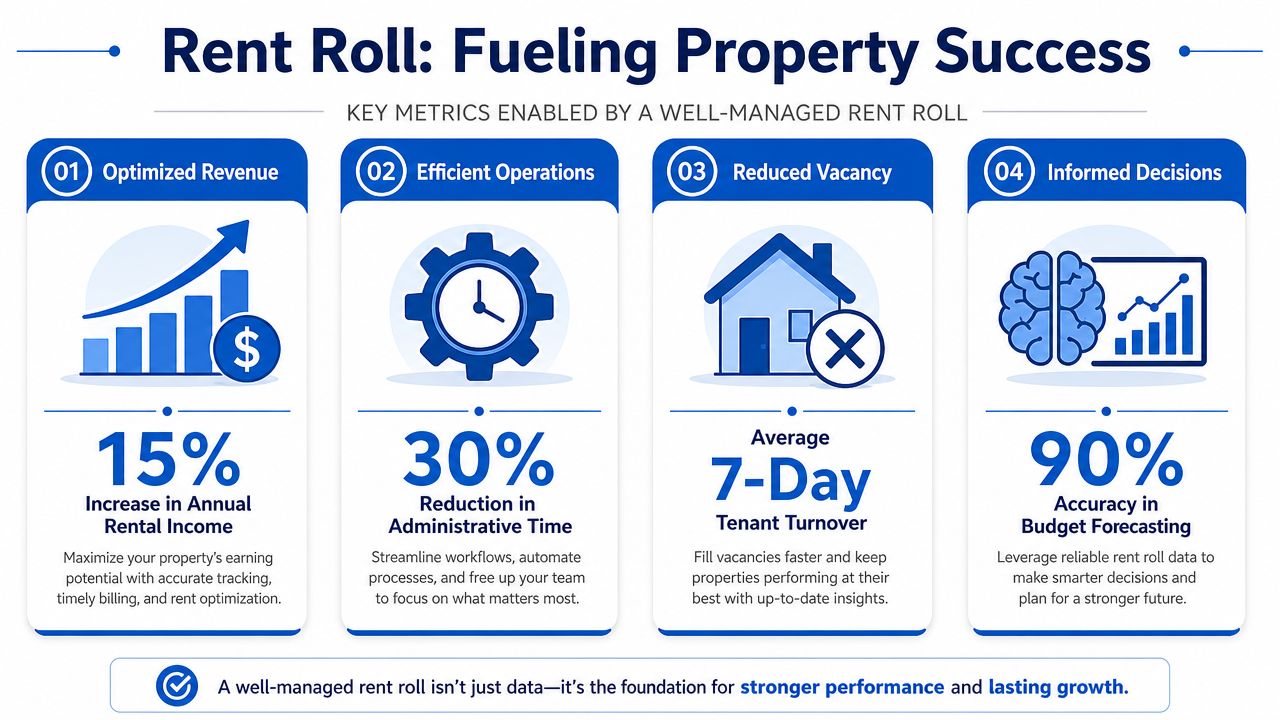 An infographic showing four key benefits of a well-managed rent roll for property management success and growth.