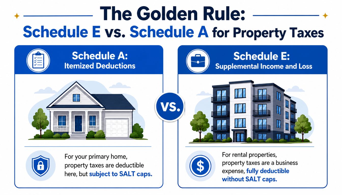 An infographic comparing Schedule A itemized deductions for primary homes versus Schedule E business expenses for rental properties.