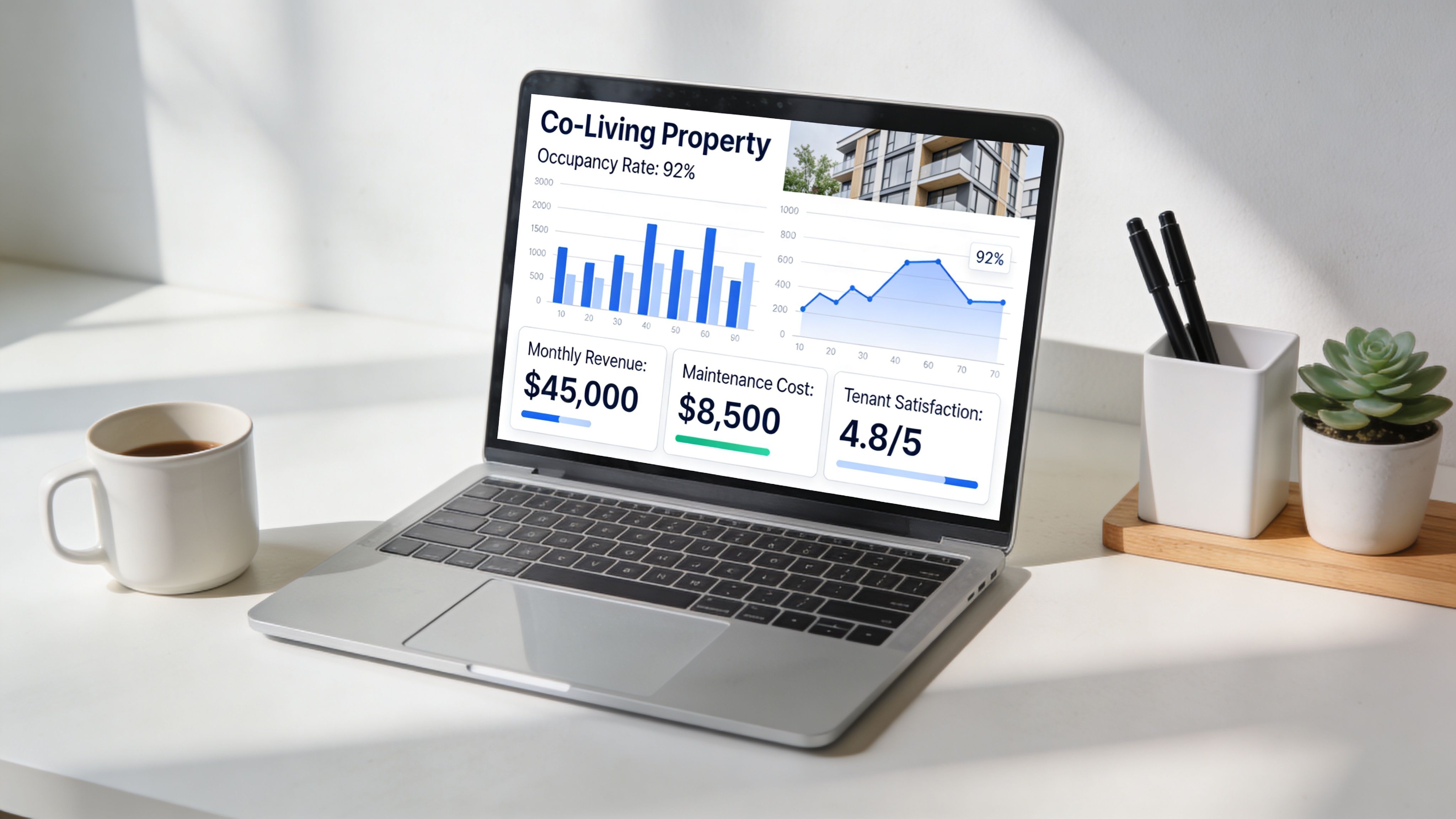 A laptop screen displaying a dashboard for managing a co-living property with financial and occupancy data statistics.