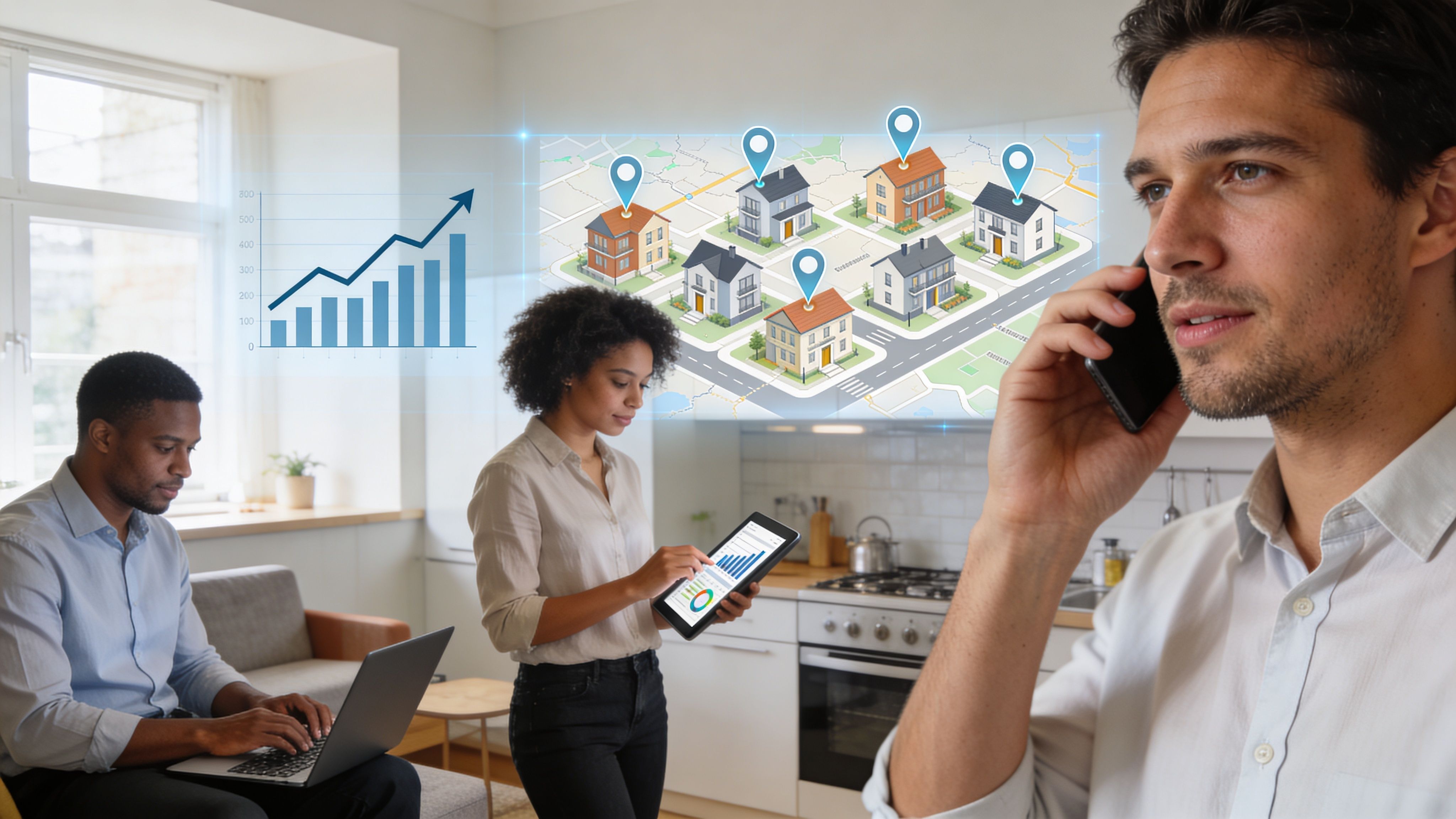 A professional team working together on real estate accounting and analytics using digital tools and mobile technology.