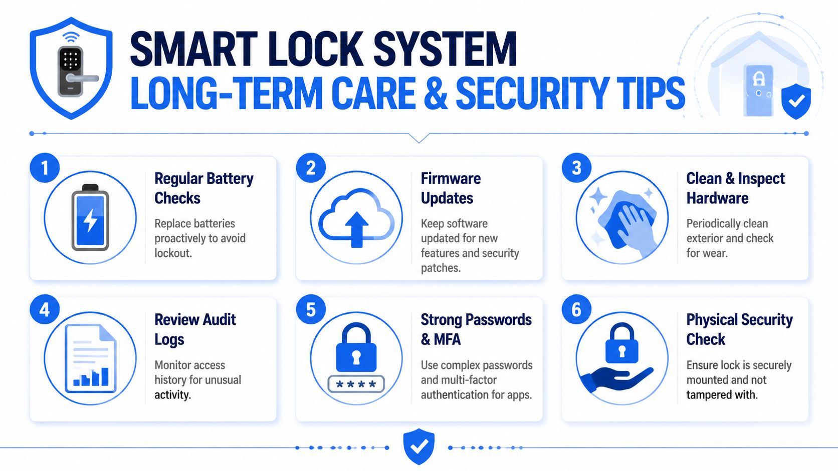A helpful infographic showing six essential security tips for maintaining and protecting a smart lock system.