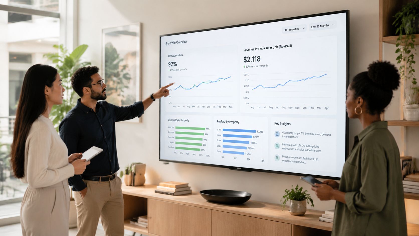 A professional team discussing revenue and occupancy data shown on a large digital presentation screen.