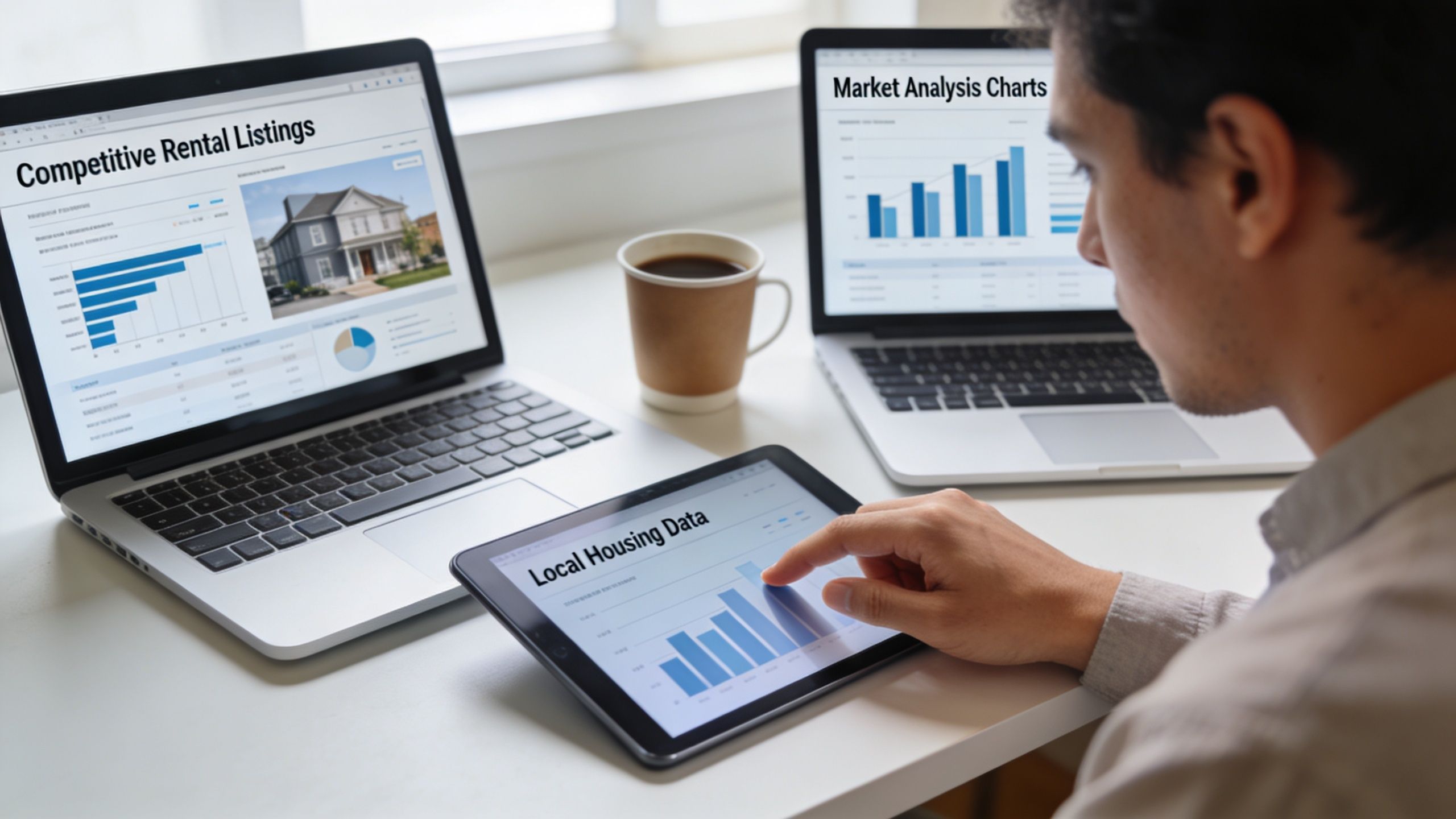 A person analyzing real estate data on a tablet, a laptop, and a computer monitor at a desk.