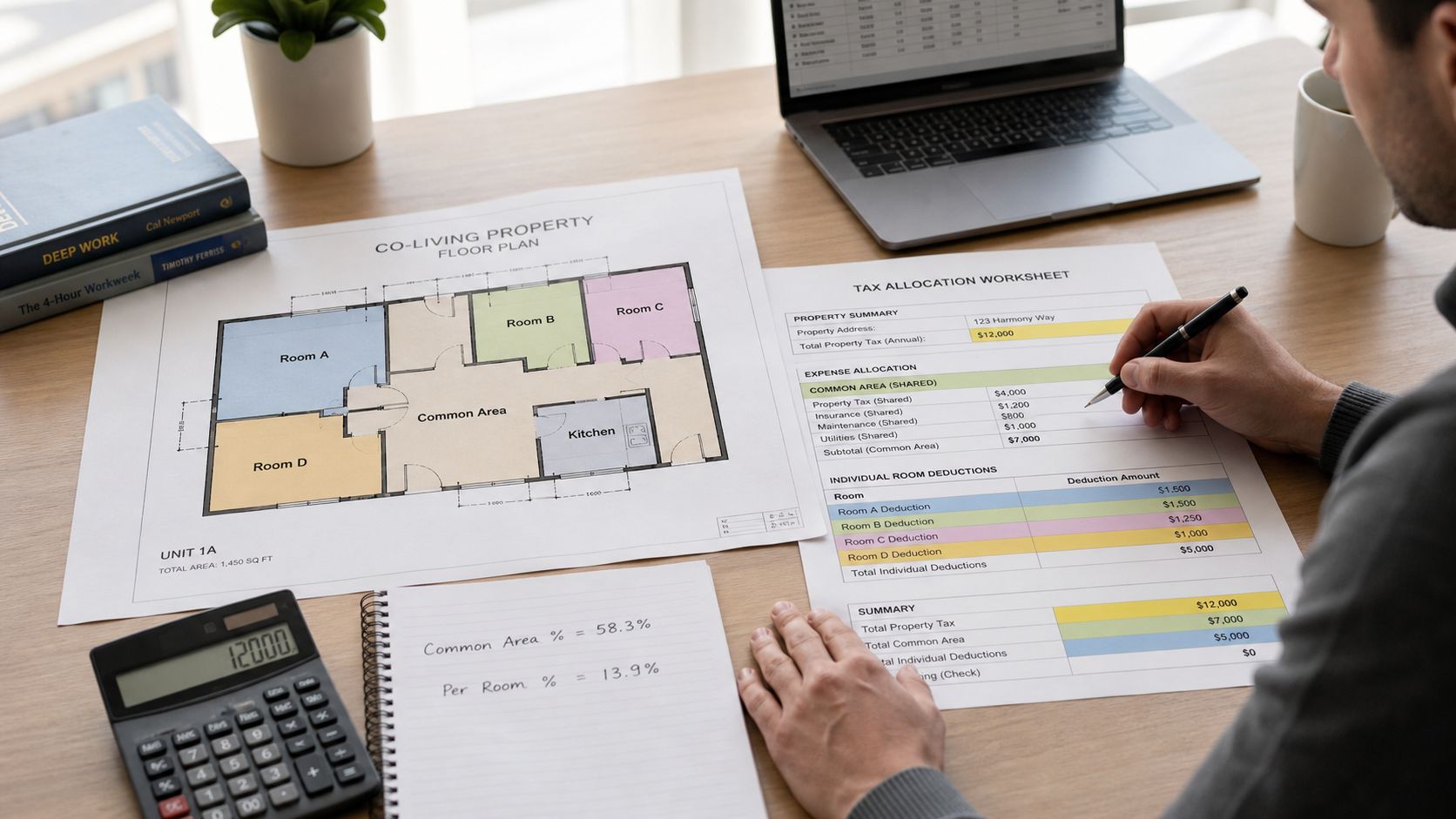 A person reviewing property tax deduction documents and floor plans for a co-living investment property at a desk.