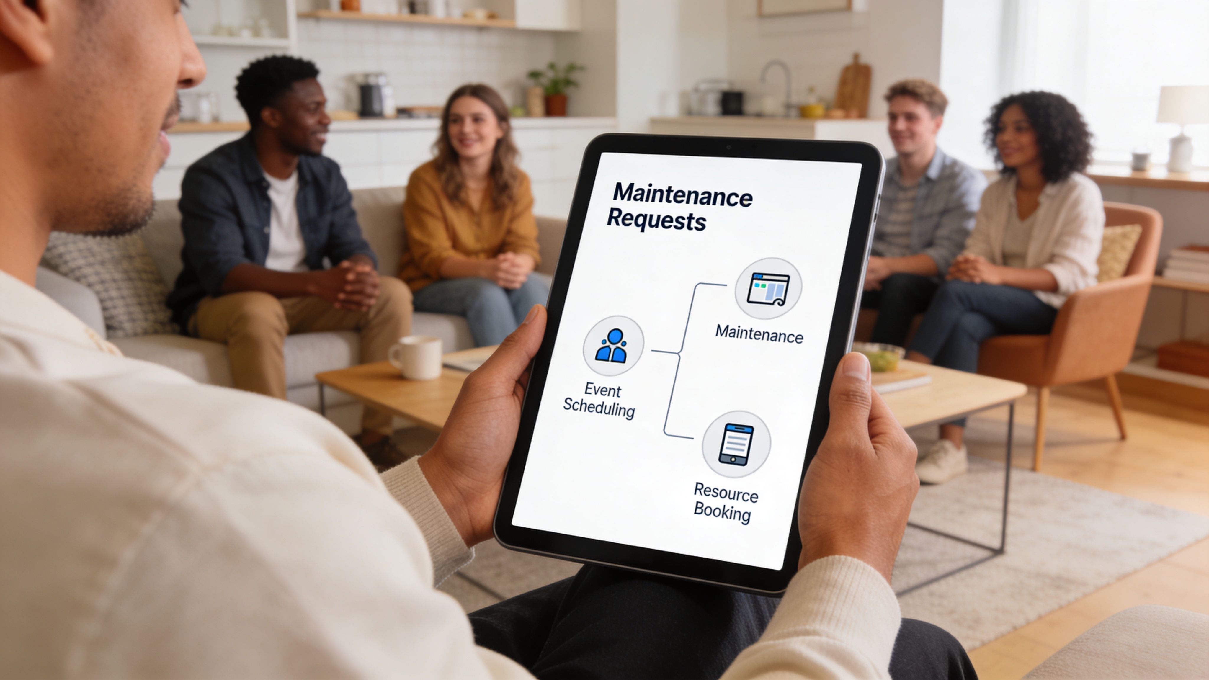 A person holding a tablet displaying a co-living property management interface with maintenance request and scheduling icons.